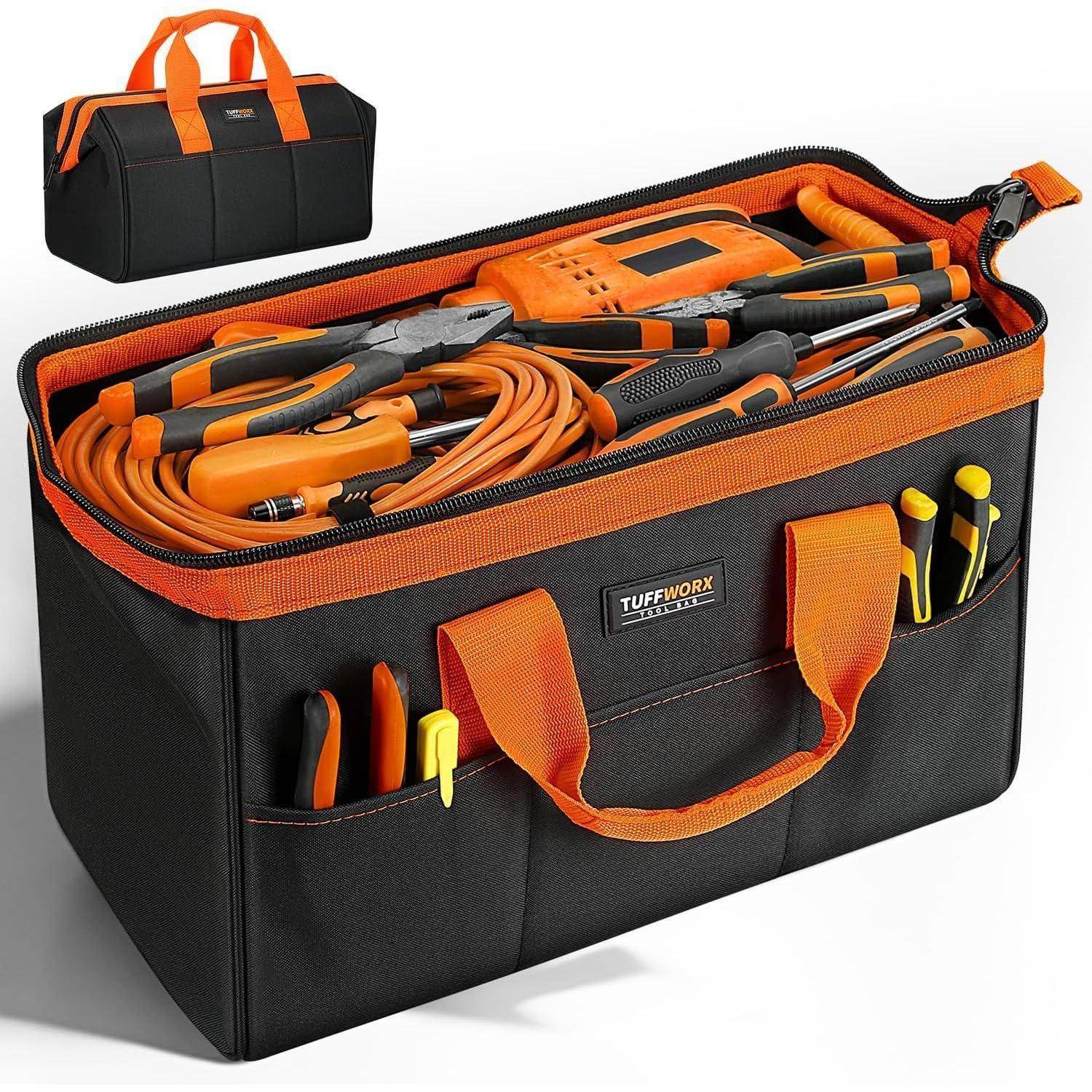 Schwarz-orangefarbige Werkzeugtasche gefüllt mit Handwerkzeugen und Kabeln, mit einer kleineren passenden Tasche dahinter abgebildet.