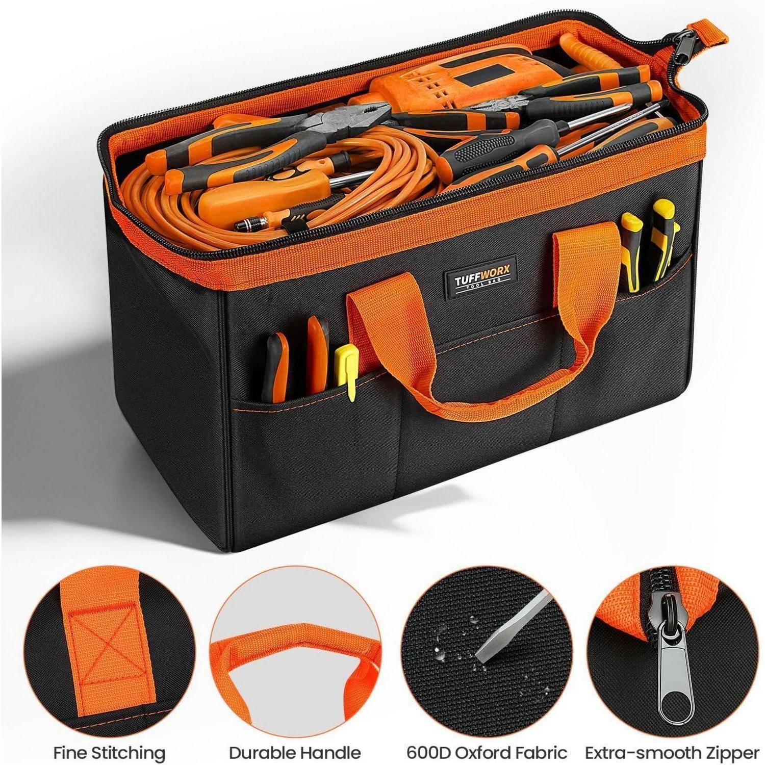 Orange-schwarze Werkzeugtasche offen und gefüllt mit Handwerkzeugen und Kabeln, mit eingefügten Beschriftungen, die feine Nähte, robuster Griff, 600D Oxford-Stoff und sanfter Reißverschluss hervorheben.