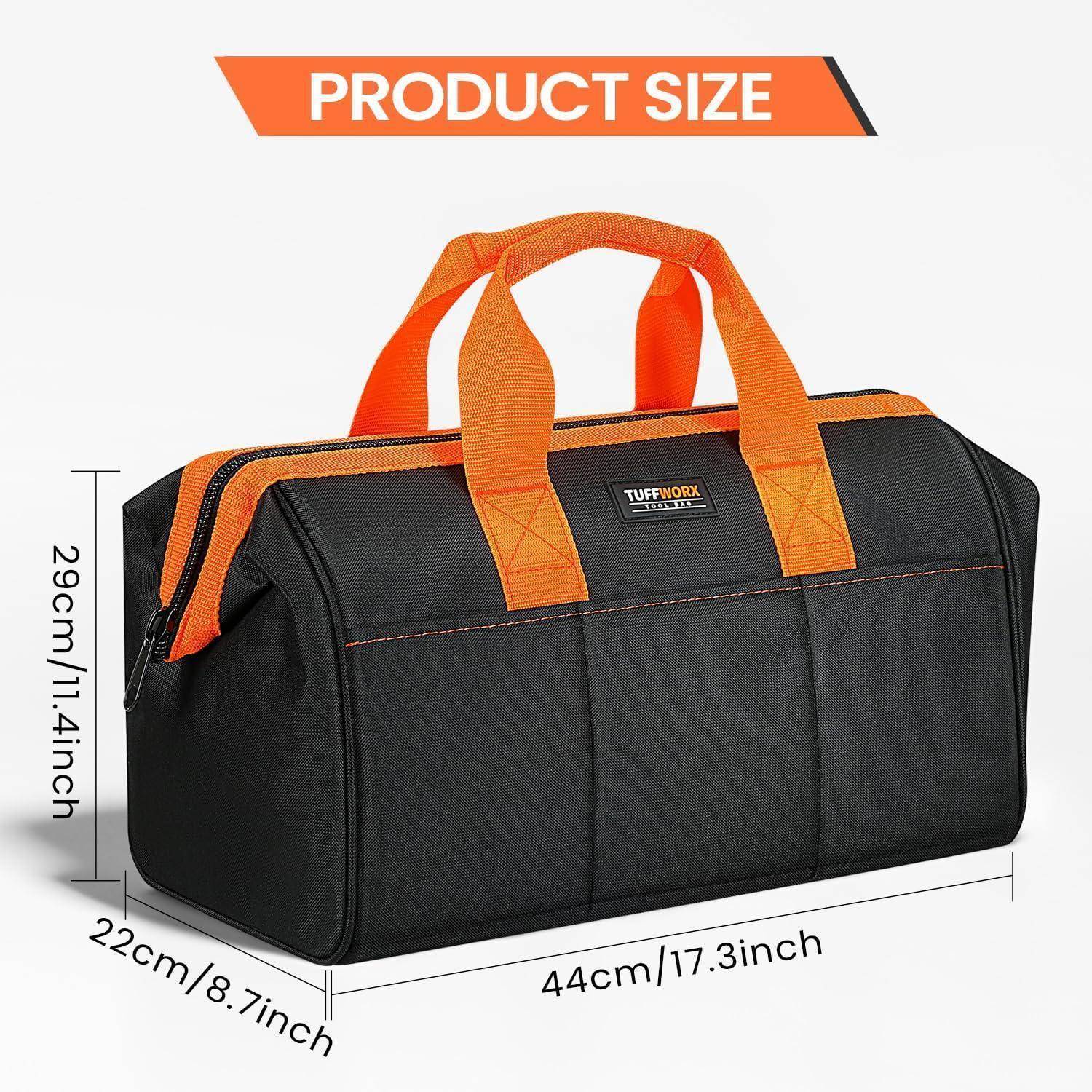 Produktgrößengrafik mit einer schwarzen und orangefarbenen Reisetasche, mit den Maßen 44 cm Länge, 22 cm Breite und 29 cm Höhe.