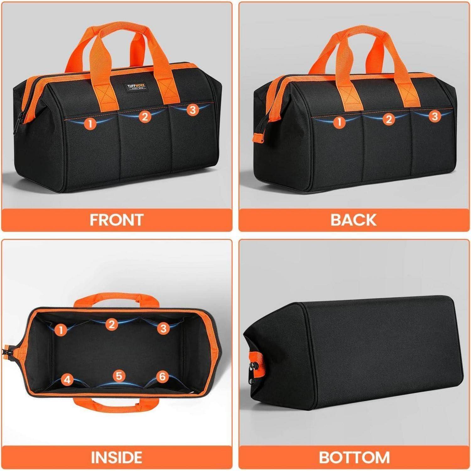 Vierseitige Produktfotografie einer schwarzen und orangefarbenen Reisetasche, die Vorderseite, Rückseite, Innenseite mit nummerierten Taschen und Unterseite zeigt.