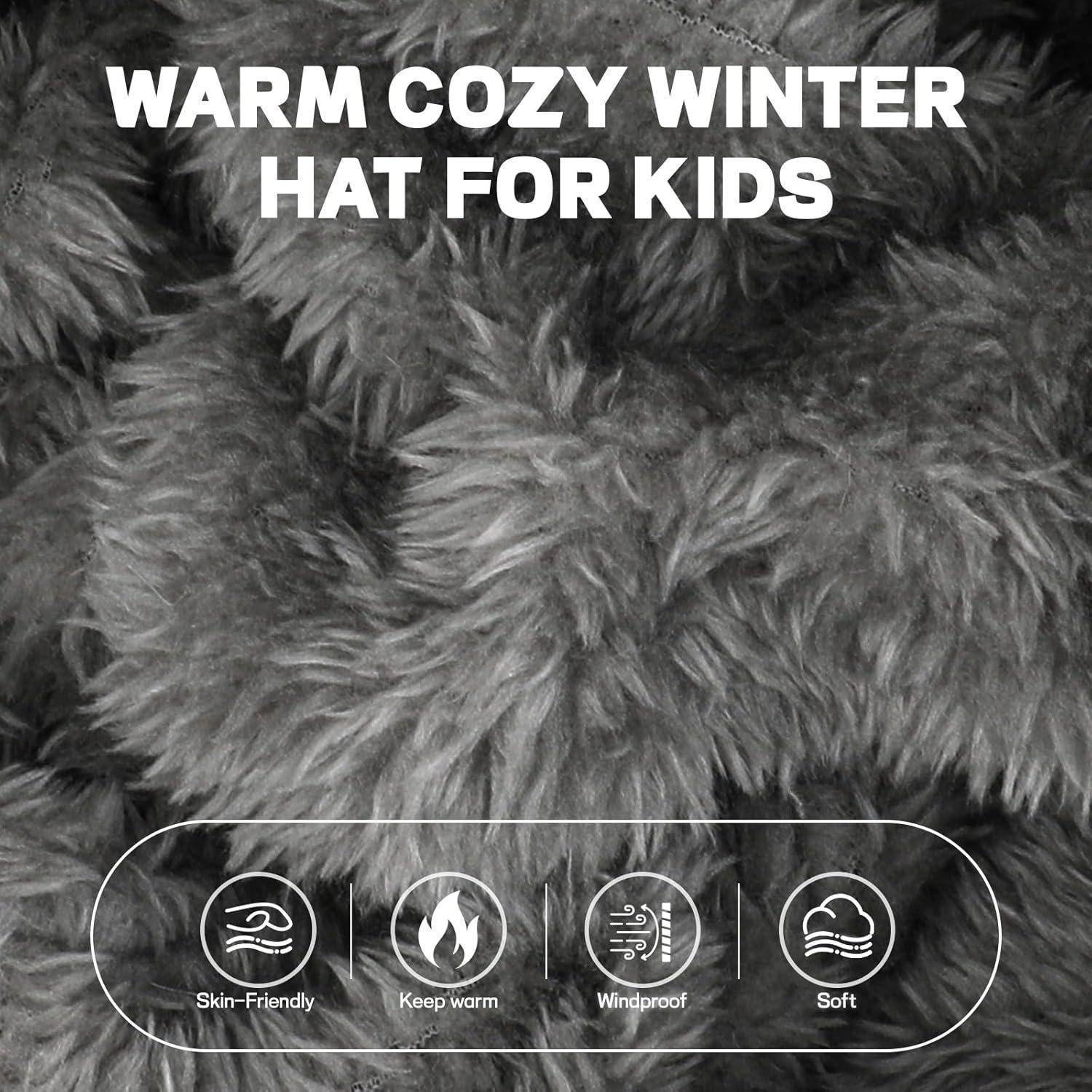 Wintermütze Produktbild mit Text „WARME GEMÜTLICHE WINTERMÜTZE FÜR KINDER" und Symbolen, die hautfreundliche, warme, winddichte und weiche Eigenschaften hervorheben.