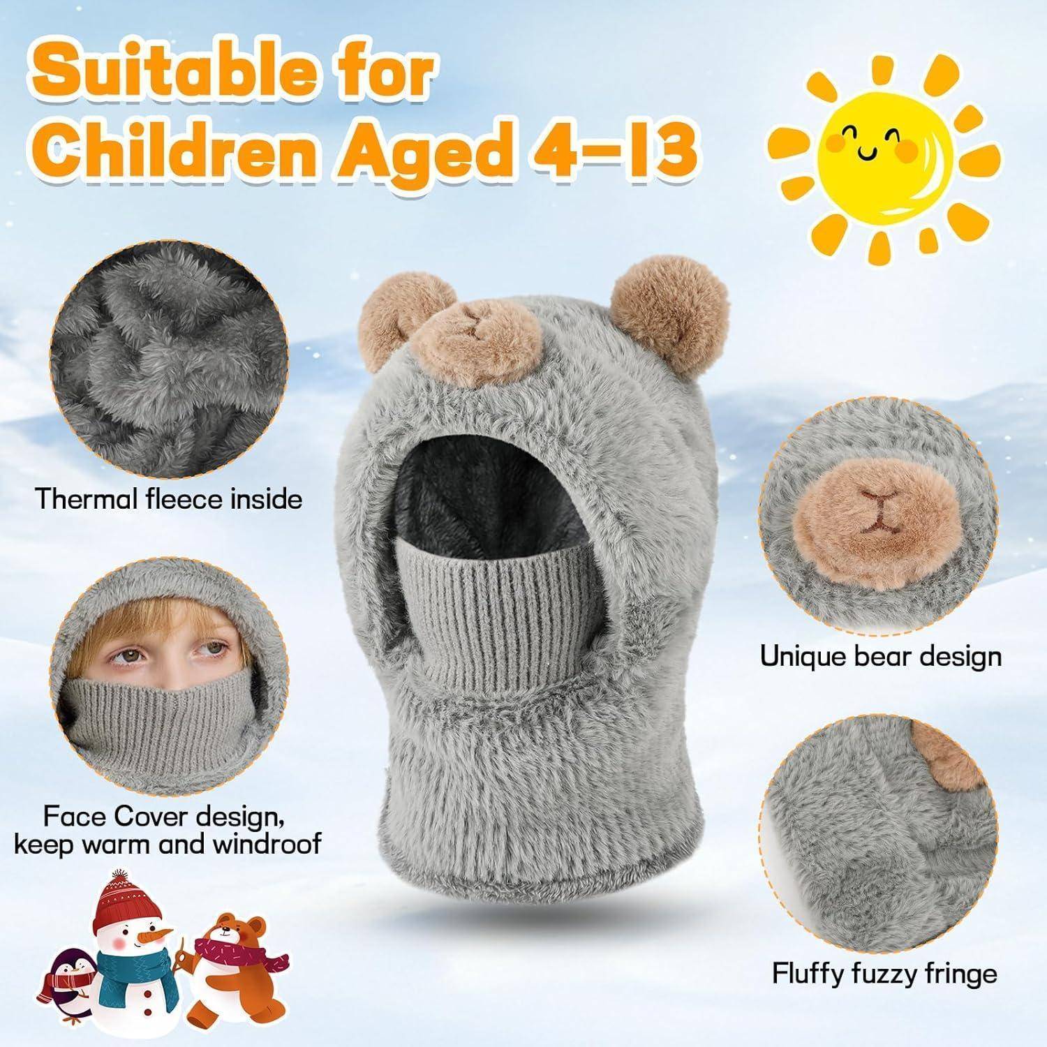 Abbildung einer grauen, flauschigen Kinder-Sturmhaube mit Bärenohren, gekennzeichnet als geeignet für Alter 4-13 Jahre, mit thermischem Fleece, Gesichtsschutz und windundurchlässigem Design.