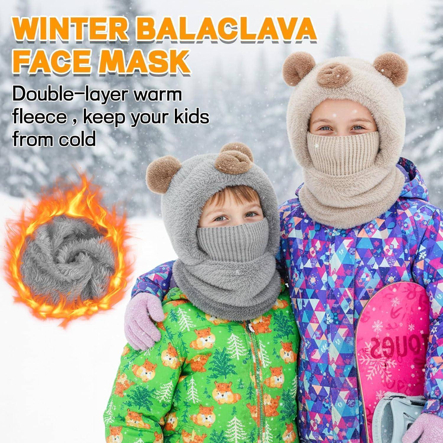 Werbung für Winter-Sturmhauben-Gesichtsmasken: zwei Kinder in warmen Fleece-Kapuzen und Halstüchern mit dem Text „Doppellagiges warmes Fleece, schützen Sie Ihre Kinder vor der Kälte".