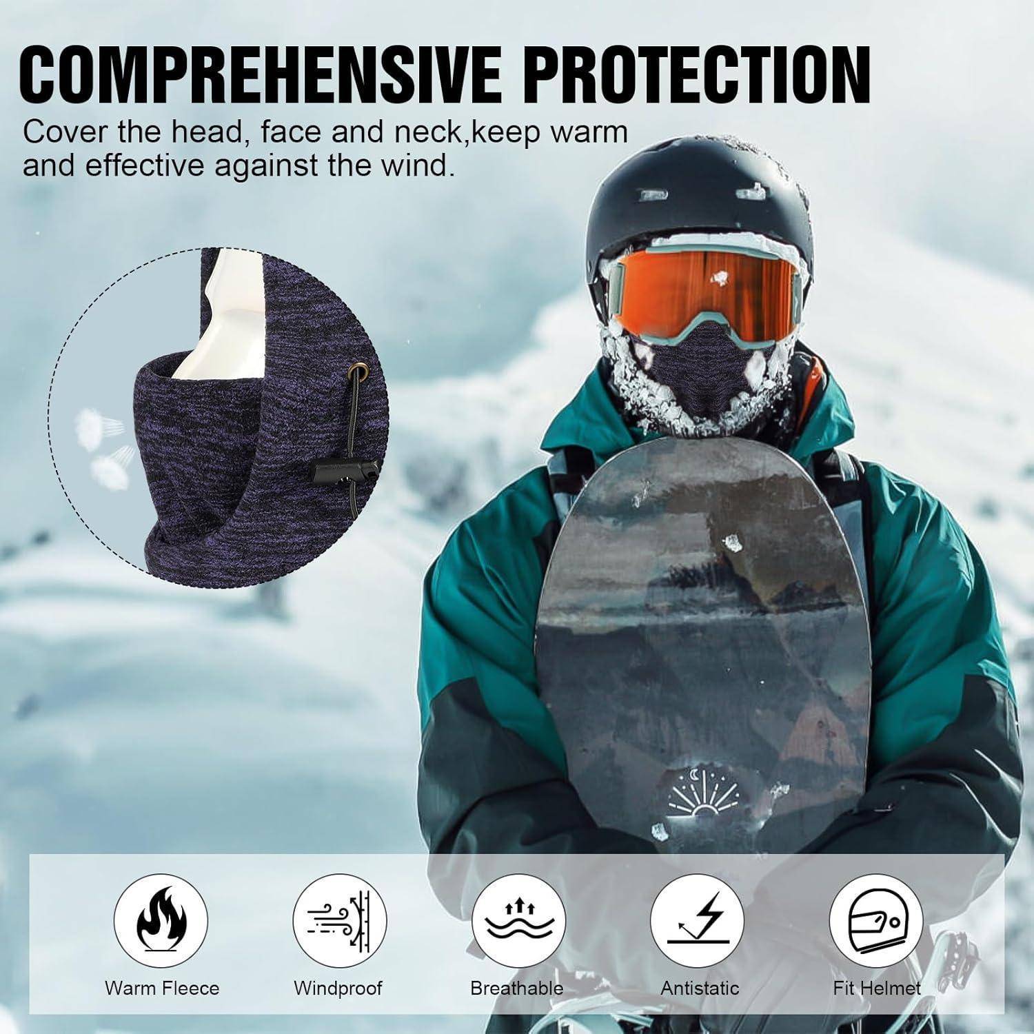 Werbegrafik eines Snowboarders mit Helm und Schutzbrille, der eine Gesichtsmaske-Sturmhaube trägt; der Text lautet „UMFASSENDER SCHUTZ