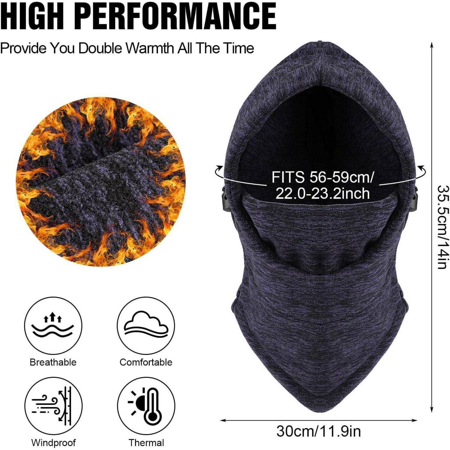 Produktbild einer thermischen Sturmhaube, gezeigt in Dunkelgrau, mit Text, der hohe Leistung, atmungsaktiv, komfortabel, windundurchlässig, passt 56-59 cm und Abmessungen 35,5 cm mal 30 cm hervorhebt.