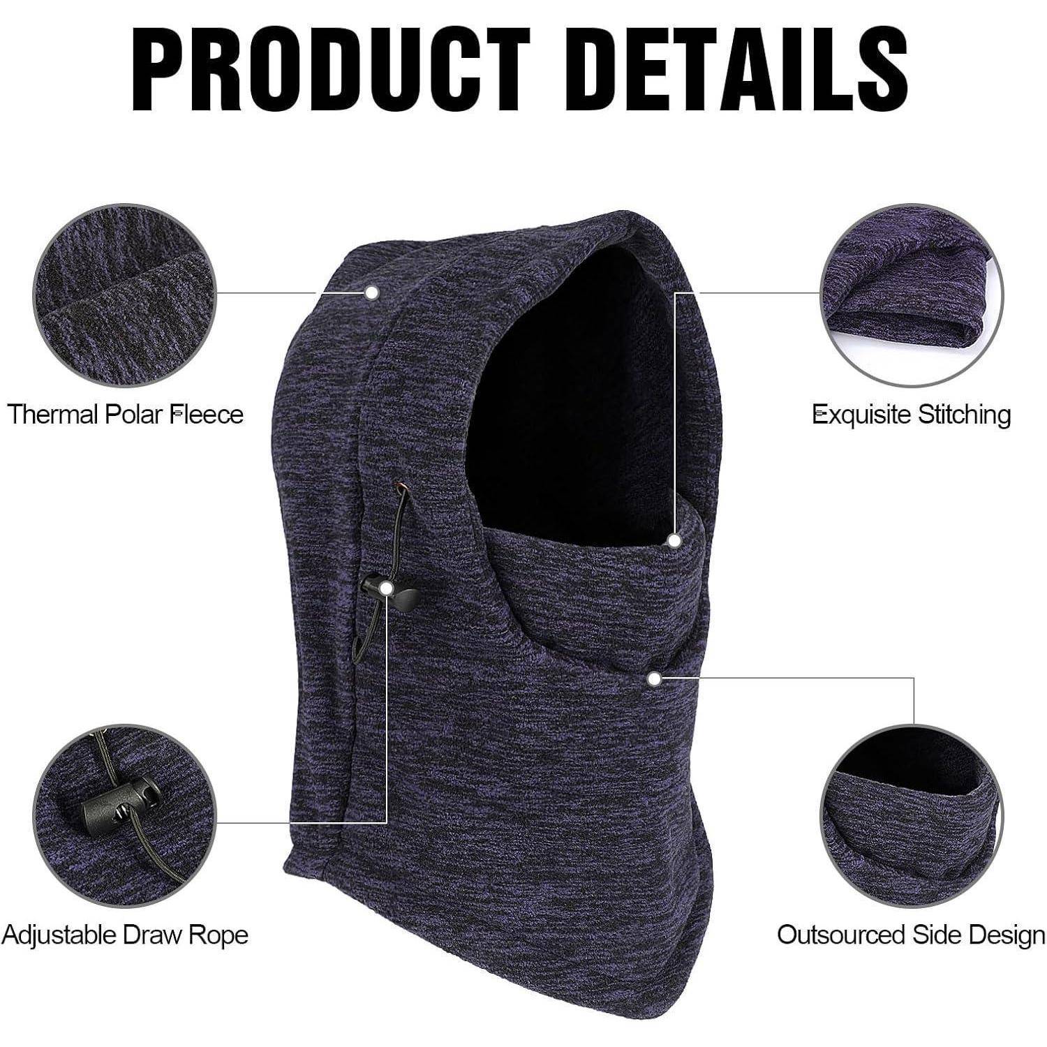 Produktdetail-Diagramm einer dunklen thermischen Polar-Fleece-Kopfbedeckung mit Gesichtsabdeckung mit Augenloch, das exquisite Nähte, verstellbare Zugschnur und ausgelagertes Seitendesign hervorhebt.