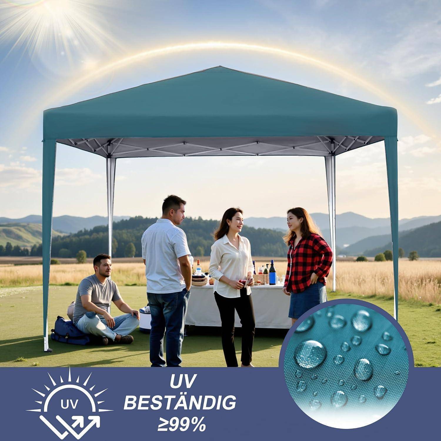 Vier Personen versammeln sich unter einem blaugrünen Outdoor-Sonnenschirm in einem sonnigen Feld; ein UV-beständiges Pop-up-Zelt wird mit „UV BESTÄNDIG ≥99%