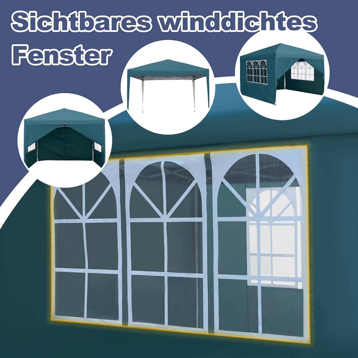 Illustration eines sichtbaren wasserdichten, winddichten Fenster-Zelt-Baldachins mit drei Aufbaubeispielen und einer großen verglasten Umhausung darunter.
