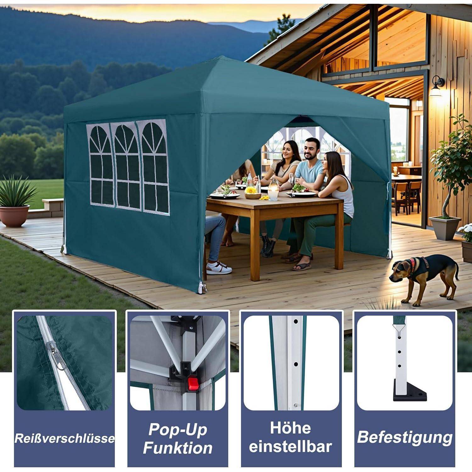 Outdoor-Pop-Up-Gazebo-Zelt mit verstellbarer Höhe und Reißverschlussverschluss, das eine Familie am Patioschuhtisch neben einem Haus schützt, mit Feature-Symbolen darunter.