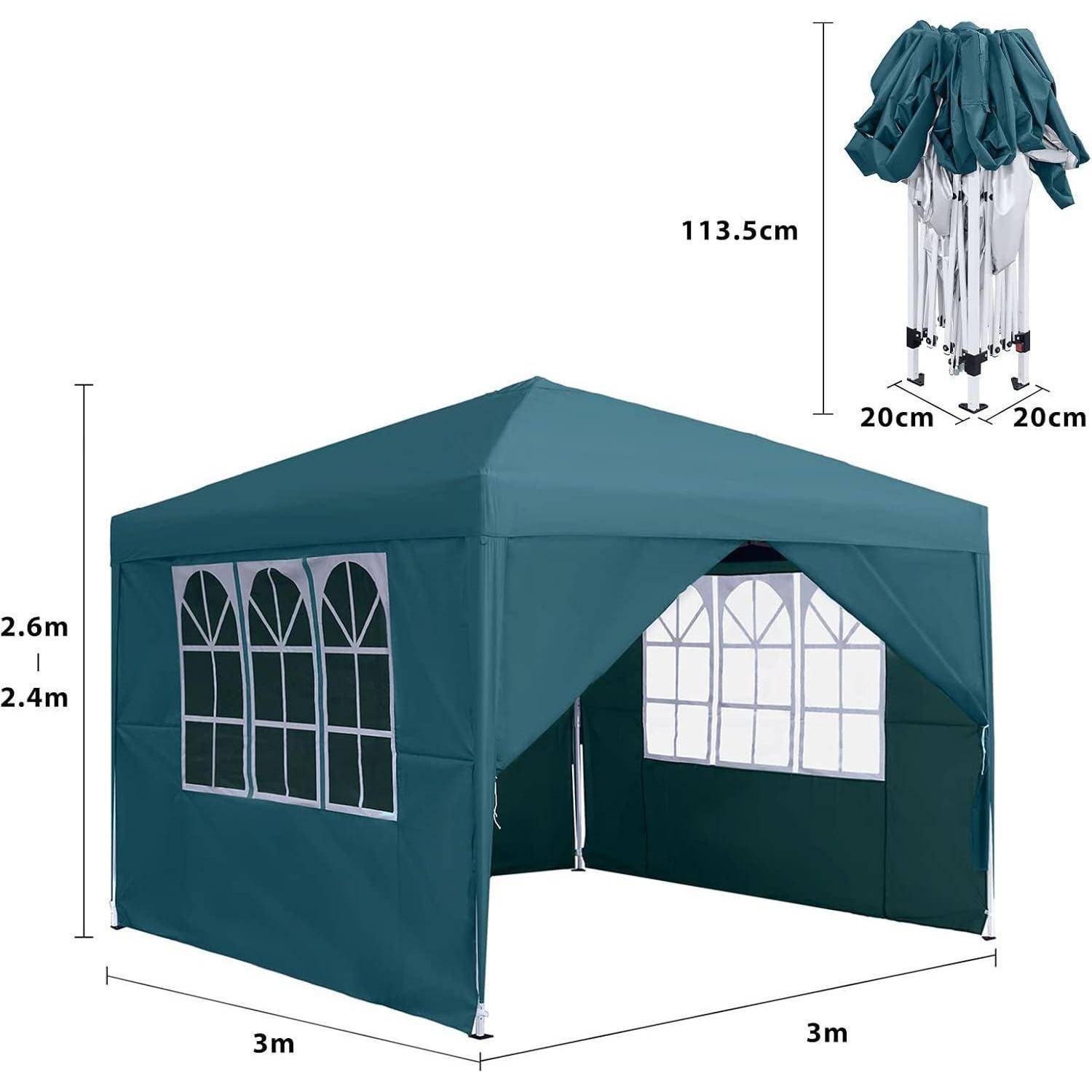 Türkisfarbenes Pop-Up-Pavillon-Zelt mit Bogenfenstern und offener Vorderseite, dargestellt mit Abmessungen von 3 m x 3 m und 2,4 m bis 2,6 m Höhe; eingeklappte Größe im Inset 113,5 cm x 20 cm x 20 cm.