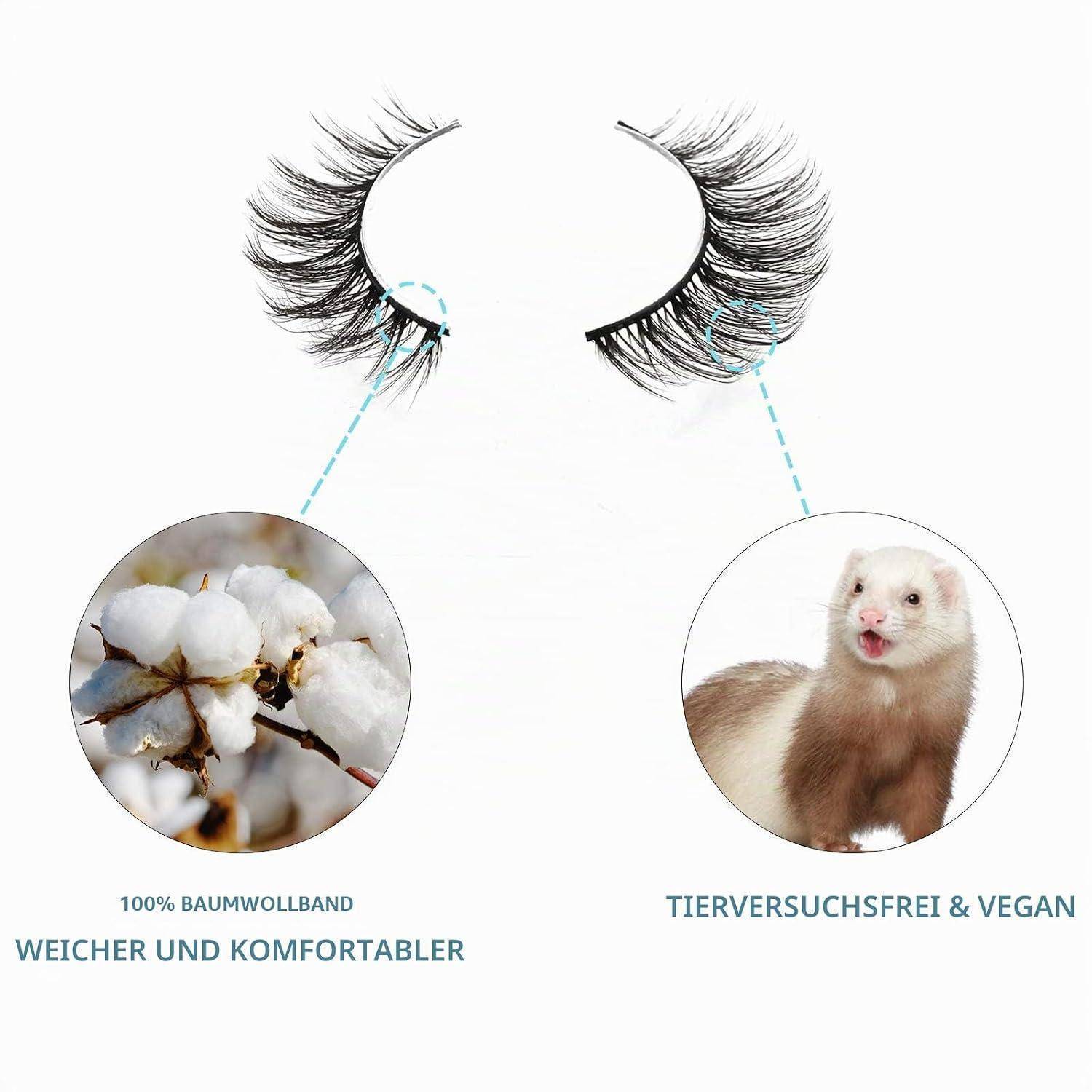 Falsche Wimpern aus 100% Baumwollband, gekennzeichnet als weich und komfortabel, und mit der Aufschrift „tierversuchsfrei & vegan