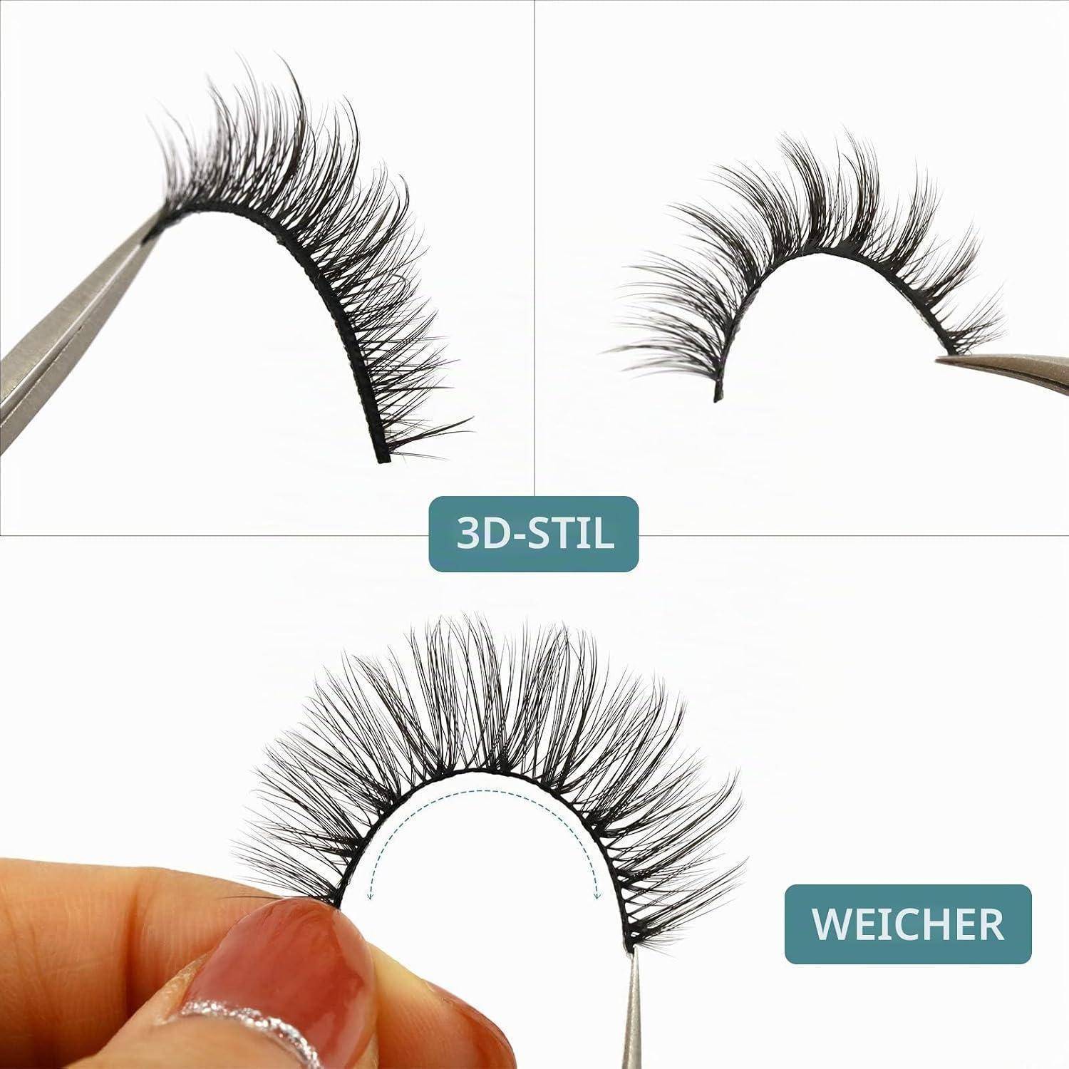 Collage mit verschiedenen Wimpernstilen in einer Pinzette und auf einer Fingerspitze dargestellt, beschriftet mit „3D-STIL