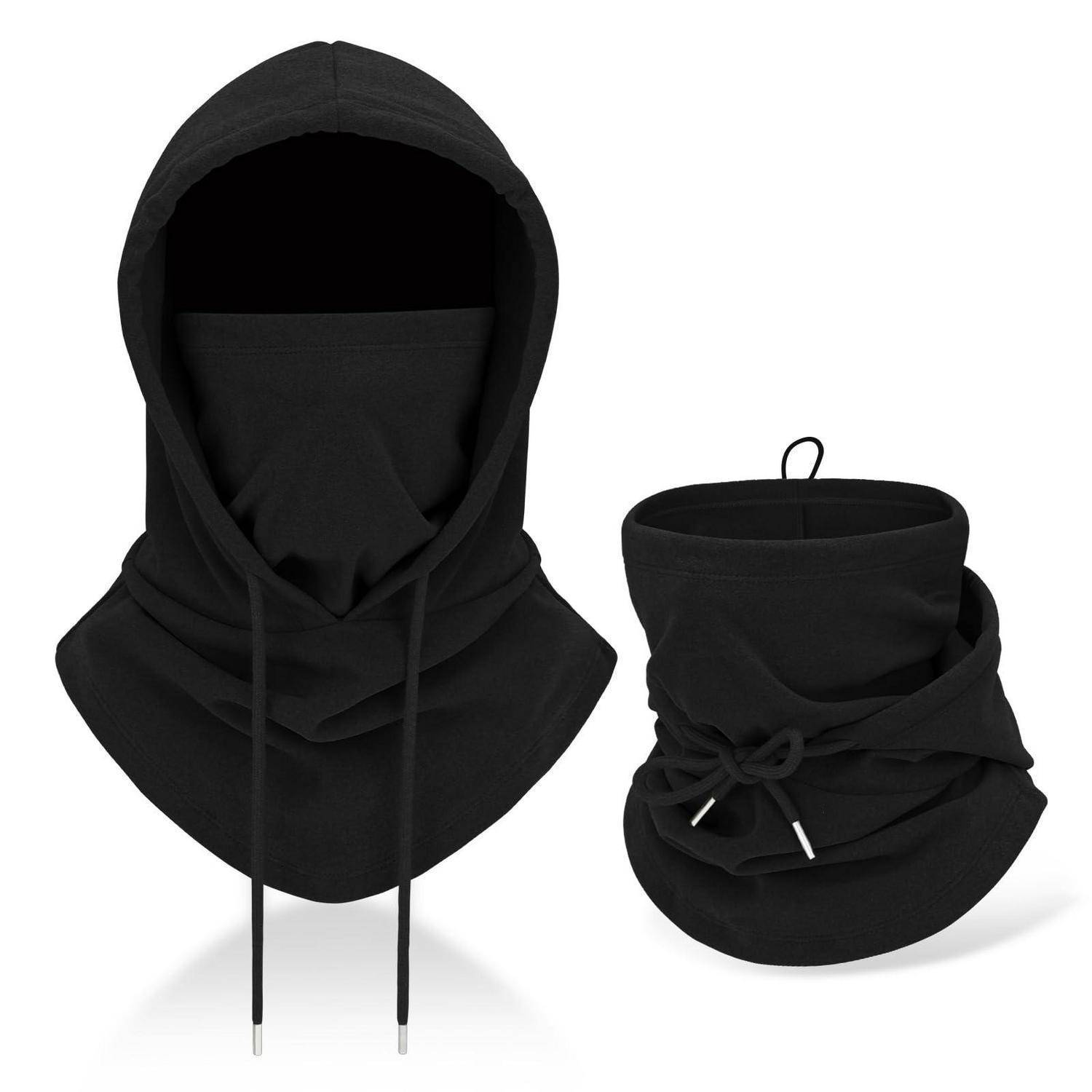 Schwarze Gesichtsmaske mit Kapuze und passendem Nacken-Gaiter mit Kordelzügen, auf weißem Hintergrund dargestellt.