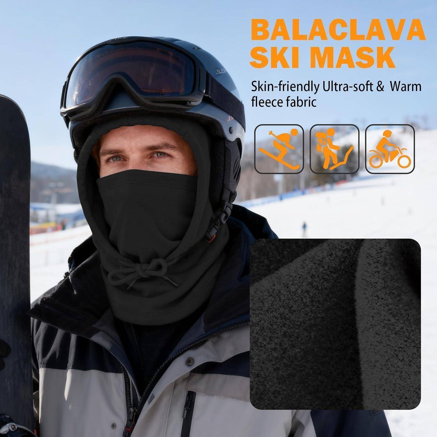 Skifahrer mit schwarzer Balaclava-Skimütze; Text lautet „BALACLAVA-SKIMÜTZE" und „hautfreundlicher ultra-weicher und warmer Fleecestoff"" mit Aktivitätssymbolen und Nahaufnahme des Stoffes.