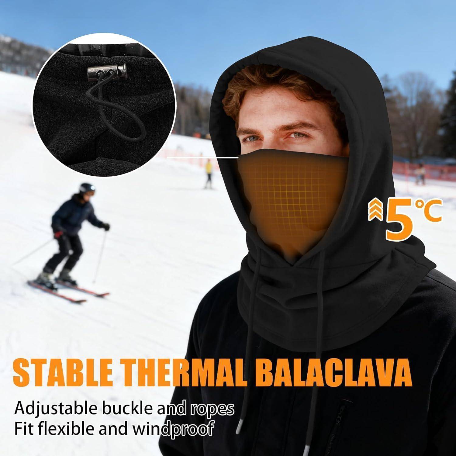 Werbebild eines Skifahrers, der eine schwarze thermische Sturmhaube trägt, mit Ausschnittsansicht zeigt verstellbares Schnallensystem und Seile; Text lautet „STABILE THERMISCHE STURMHAUBE" und „Passform flexibel und winddicht"" mit „5°C"".