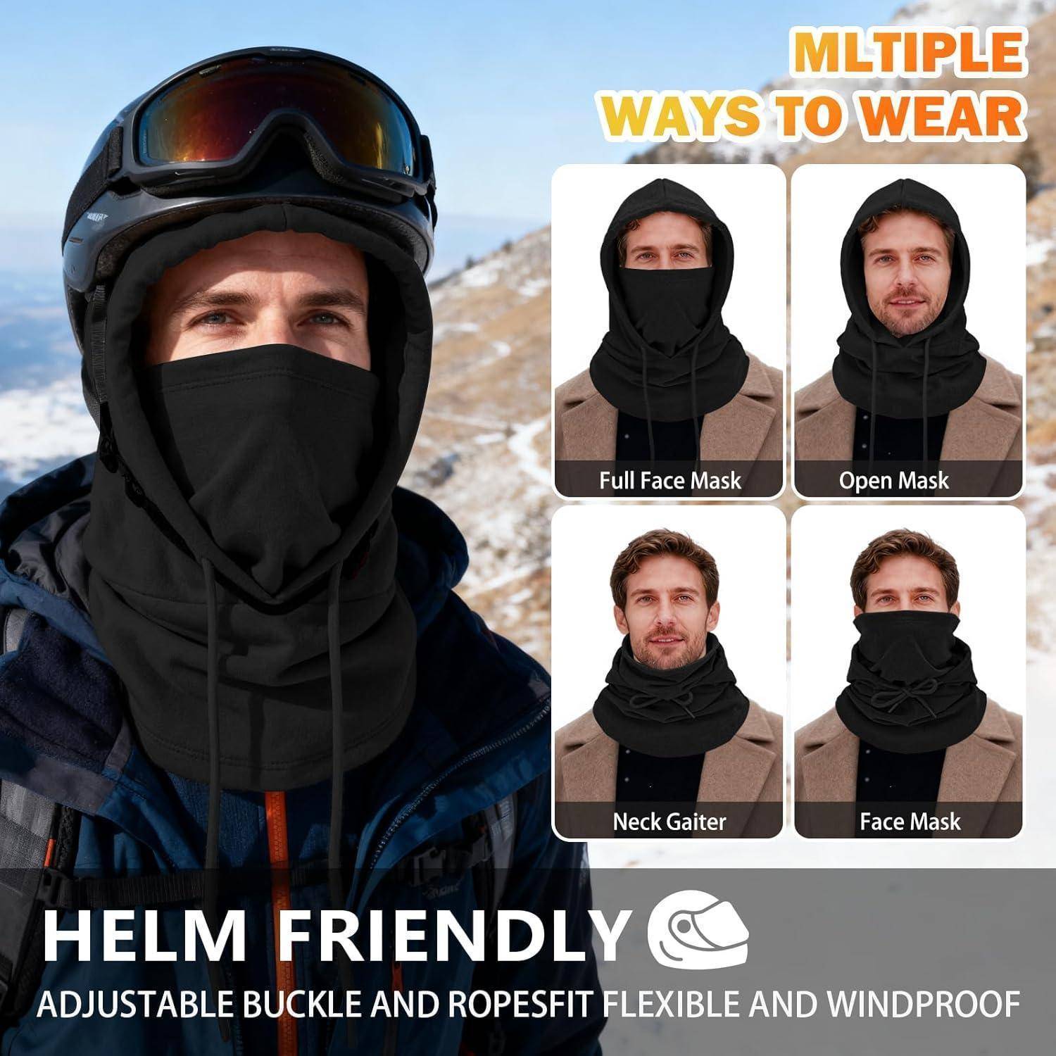 Anzeige für Gesichtsschutz im Winter, die einen Mann in einem Helm mit einer schwarzen Maske zeigt, mit vier Trageoptionen: Vollgesichtsmaske, offene Maske, Halsgaiter und Gesichtsmaske.