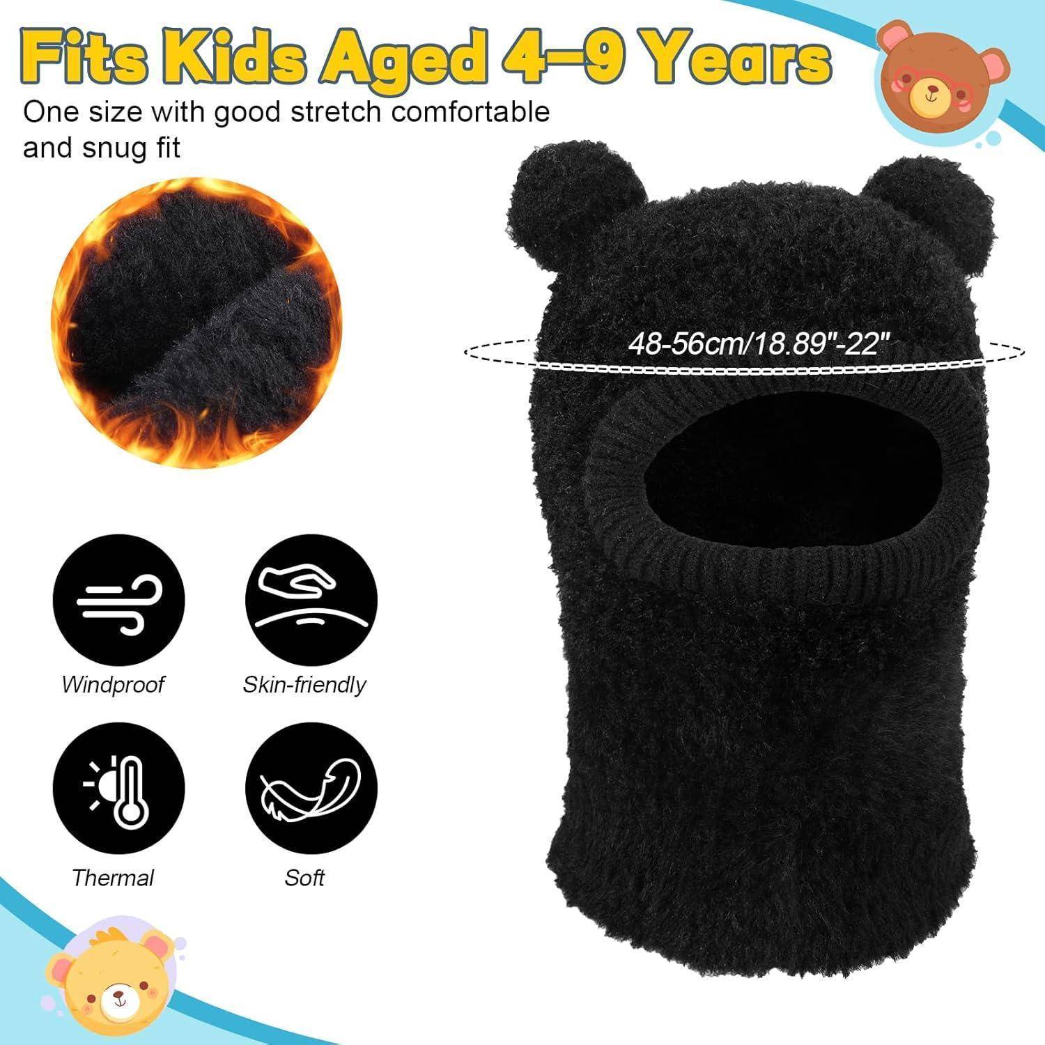 Produktbild einer schwarzen flauschigen Kinder-Sturmhaube mit Bärenohren, gekennzeichnet für Alter 4-9 Jahre und Kopfgröße 48-56 cm; hebt die Eigenschaften winddicht, thermisch, weich und hautfreundlich hervor.