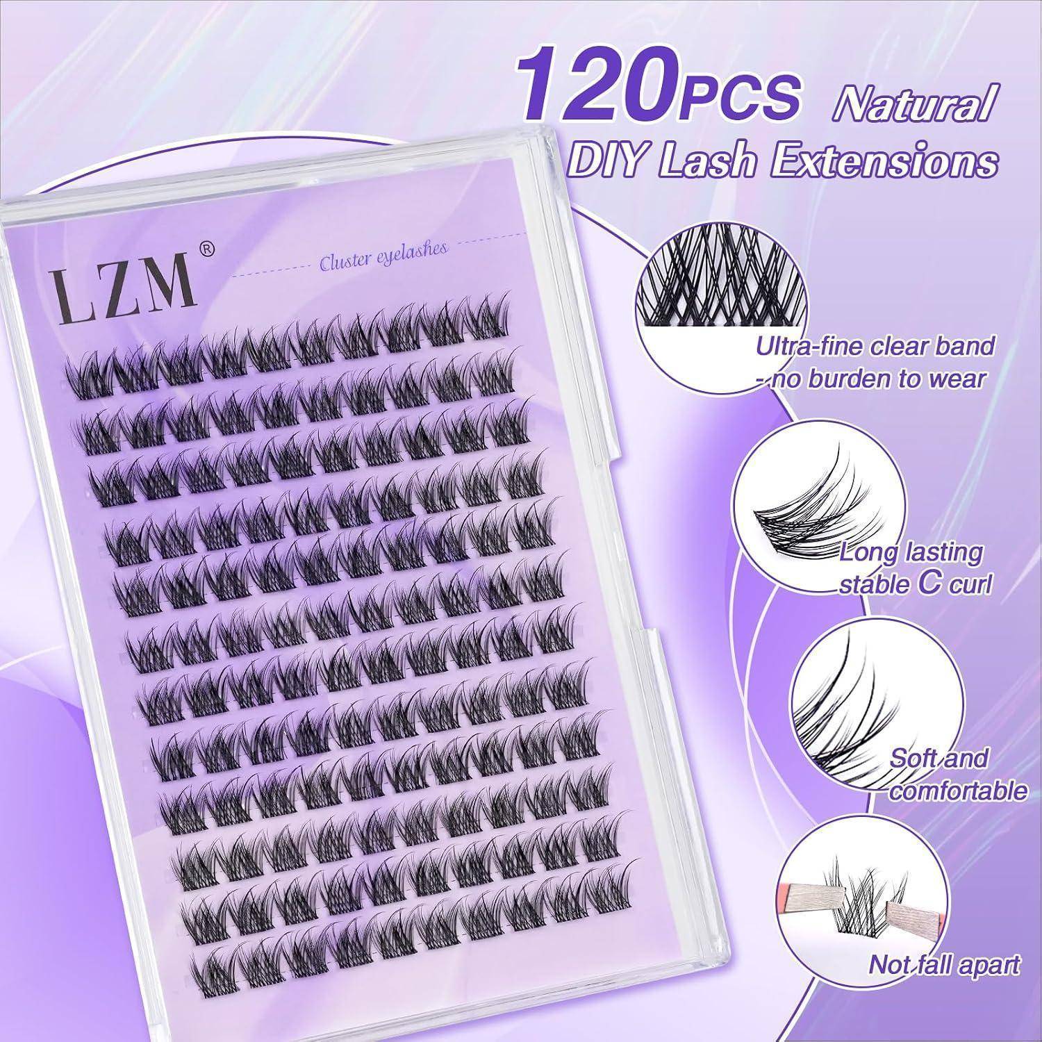 Packung mit 120 natürlichen DIY-Wimpernverlängerungen in einem durchsichtigen Tablett dargestellt, mit Funktionshinweisen für ultradünnes durchsichtiges Band, C-Curl, weiche Bequemlichkeit und nicht auseinanderfallend.