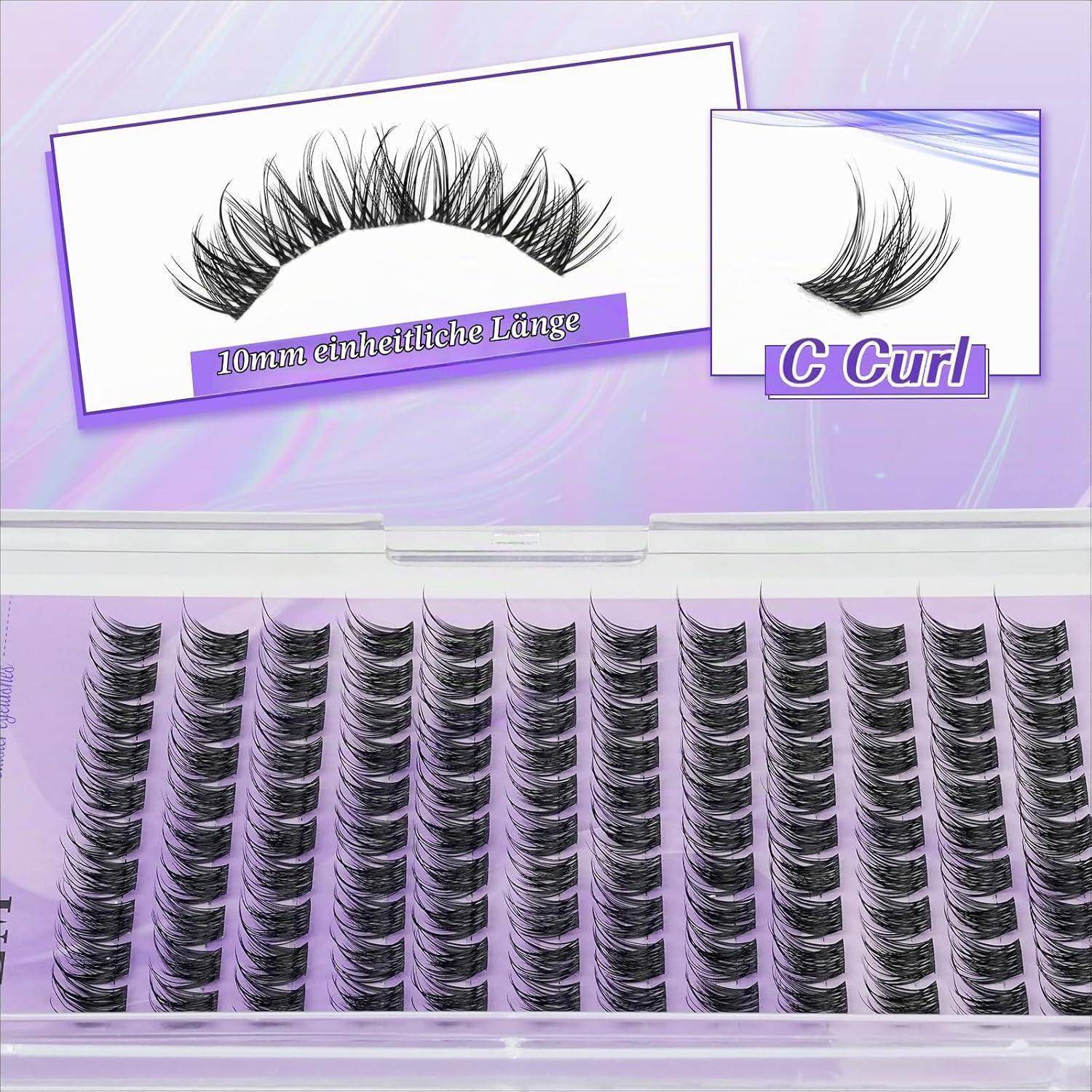 Tablett mit falschen Wimpern mit C-Curl-Wimpern, 10 mm einheitliche Länge, in Reihen in einer lavendelfarbenen Packung angeordnet.