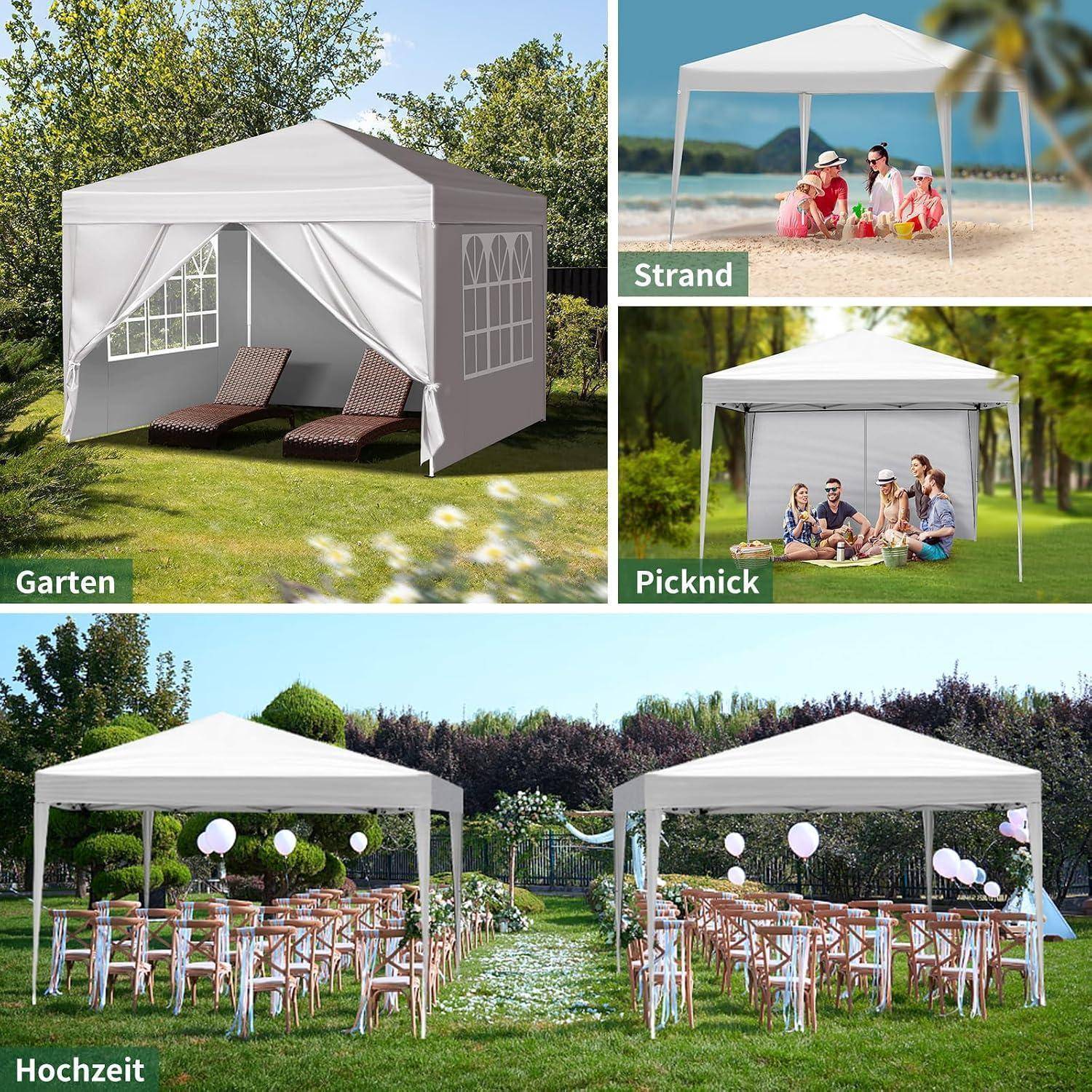Collage eines weißen Pop-up-Pavillons, der in Garten-, Strand-, Picknick- und Hochzeitssettings gezeigt wird, um seine vielseitige Outdoor-Nutzung zu veranschaulichen.
