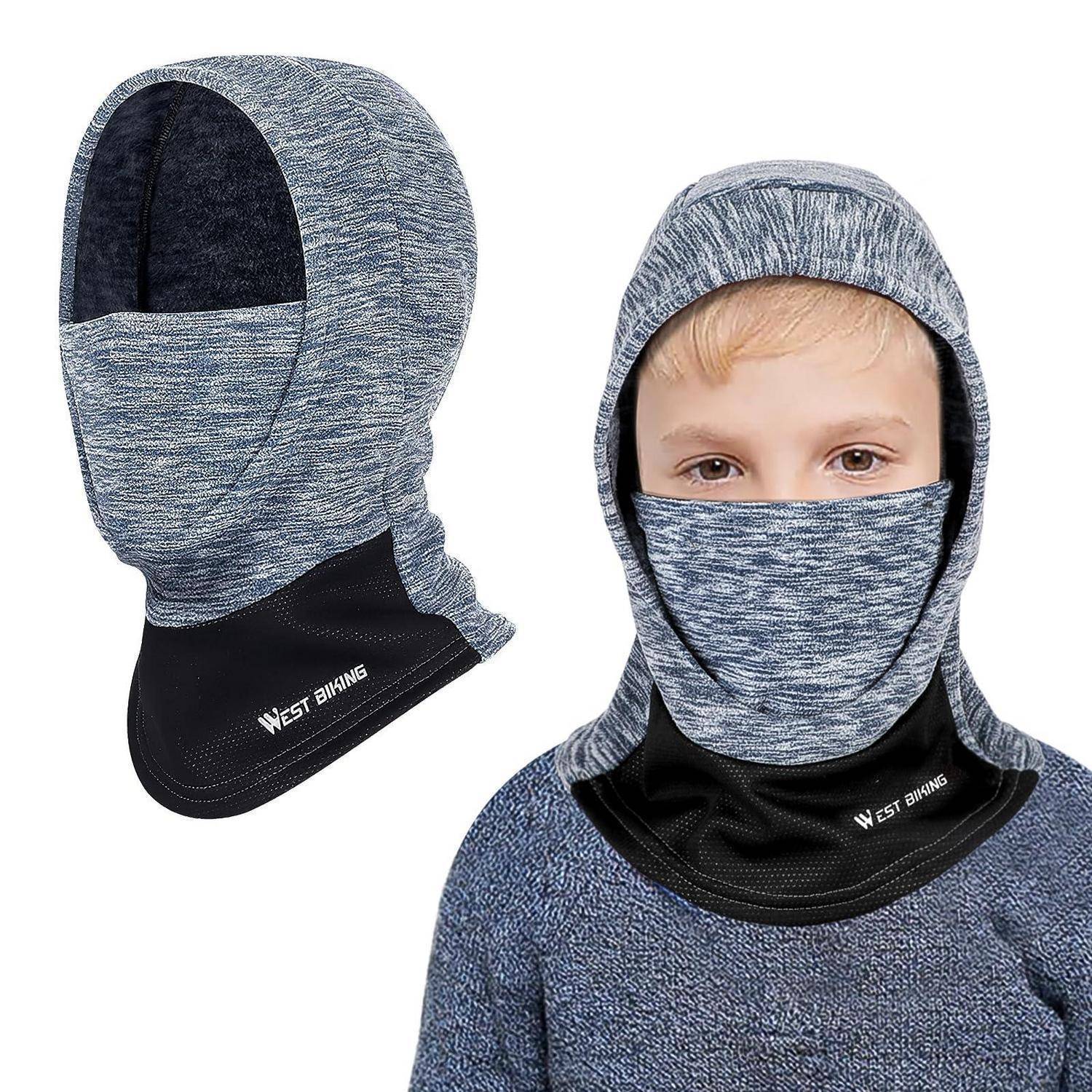 Kinder-Sturmhaube in Grau mit Augenlöchern und schwarzem Nackenbereich, dargestellt in Produkt- und Trageansicht.