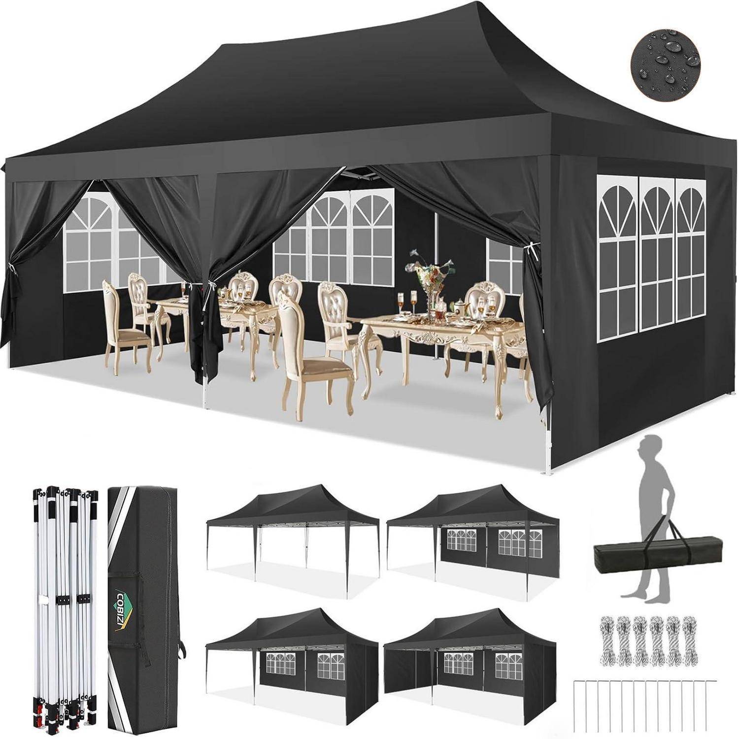 Schwarzes Outdoor-Pavillon-Zelt mit Seitenwänden, Fenster, Vorhängen und Essbereich, gezeigt mit Tragetasche, Stangen, Heringen und mehreren Montageansichten.