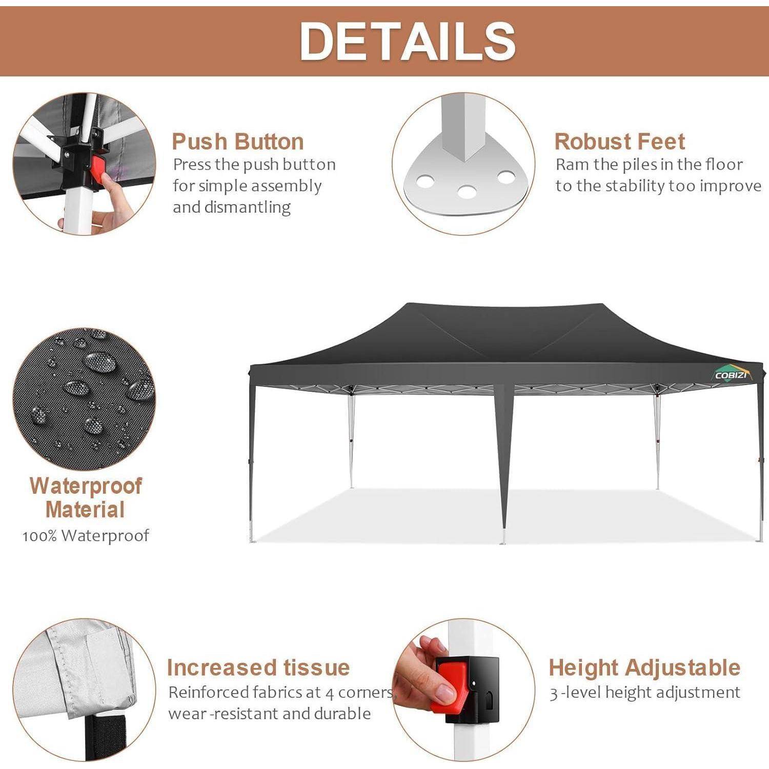 Produktdetailgrafik für ein schwarzes Pop-up-Pavillon-Zelt mit Knopfdruck-Montage, robusten Füßen, wasserdichtem Material, verstärkten Ecken und verstellbarer Höhe.