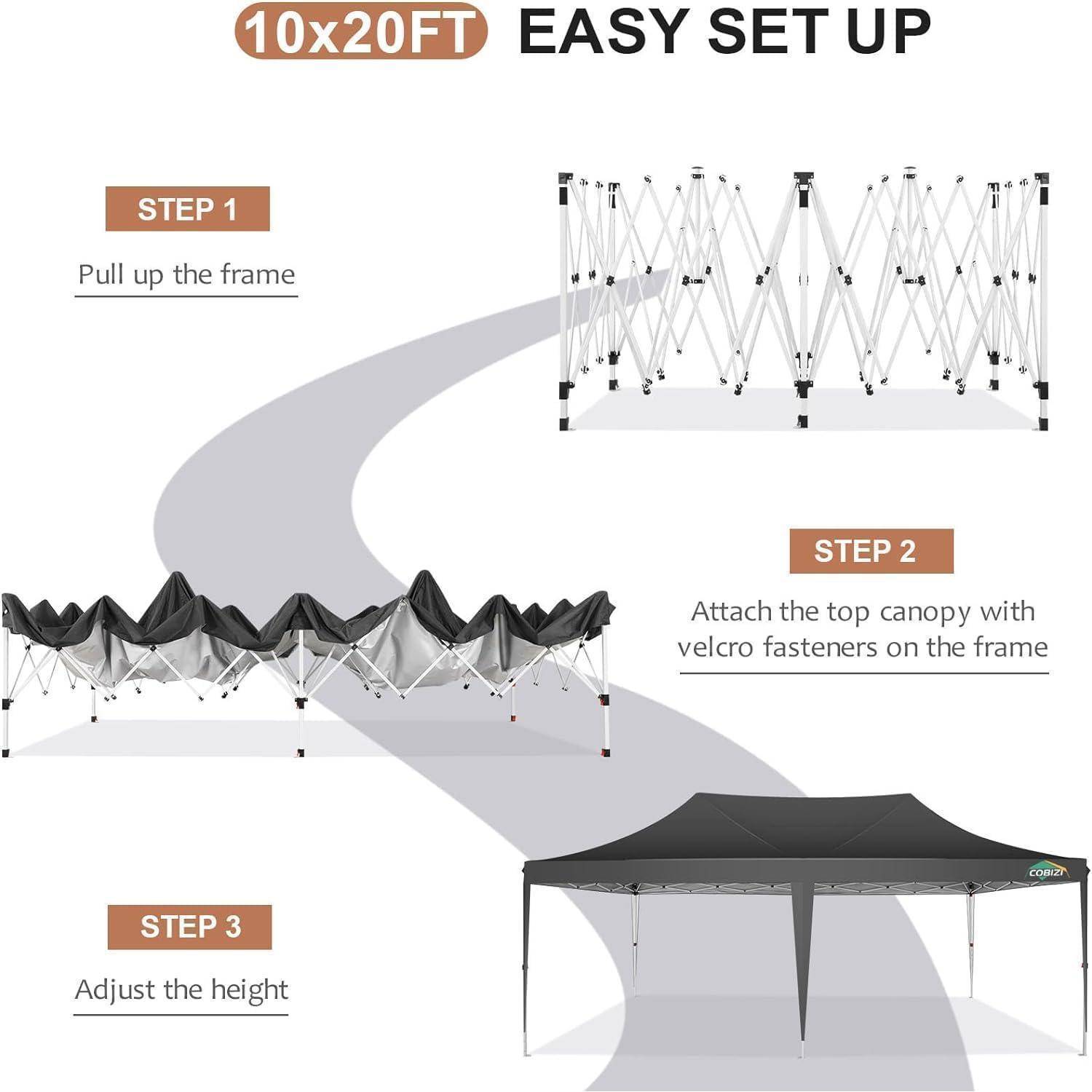 Anleitung für ein 10x20 Fuß Pop-Up-Zelt: Schritt 1 Rahmen hochziehen, Schritt 2 Dachplane mit Klettverschlüssen befestigen, Schritt 3 Höhe einstellen.