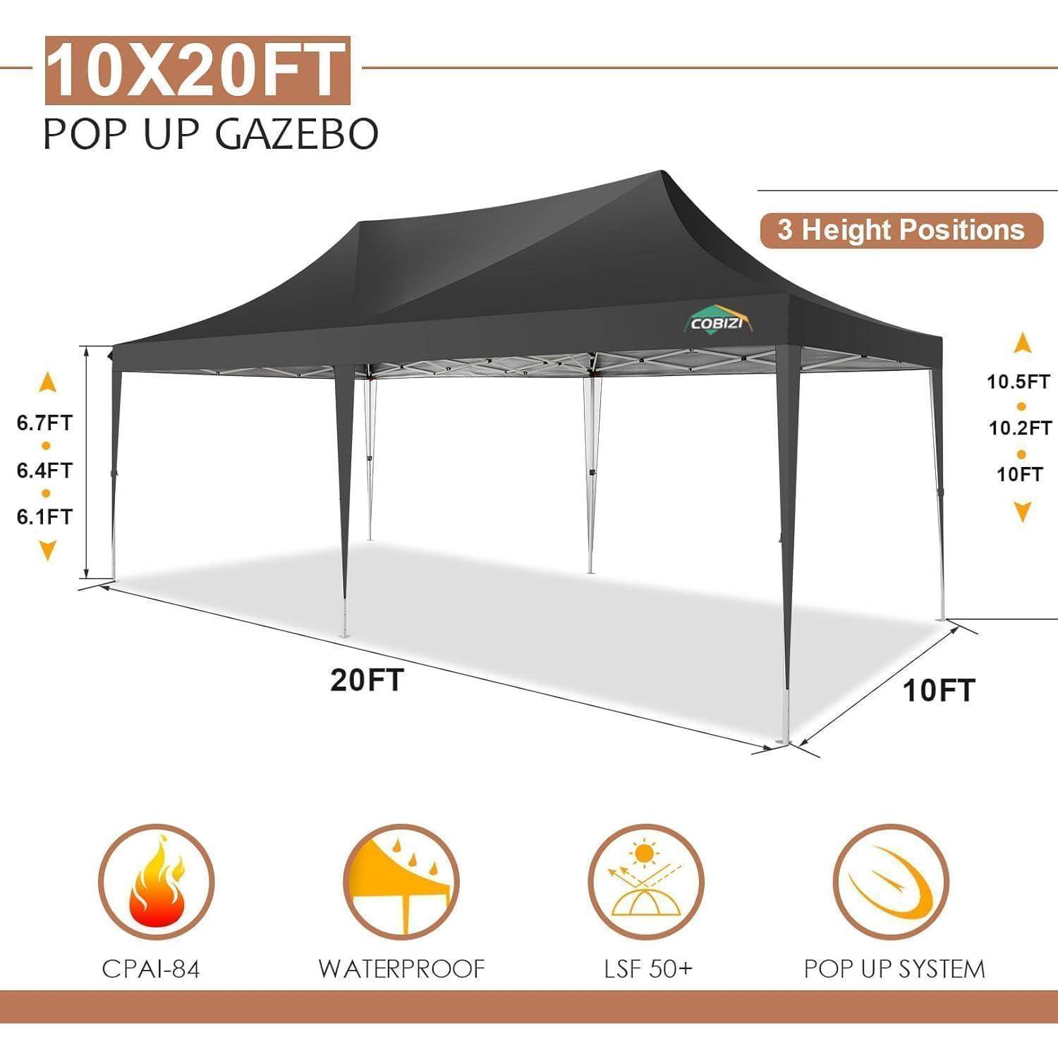 Produktdiagramm eines schwarzen 10x20 Fuß Pop-up-Pavillons mit 3 Höhenpositionen, Abmessungen, Höhenoptionen und Features: CPAI-84, wasserdicht, LSF 50+, Pop-up-System.