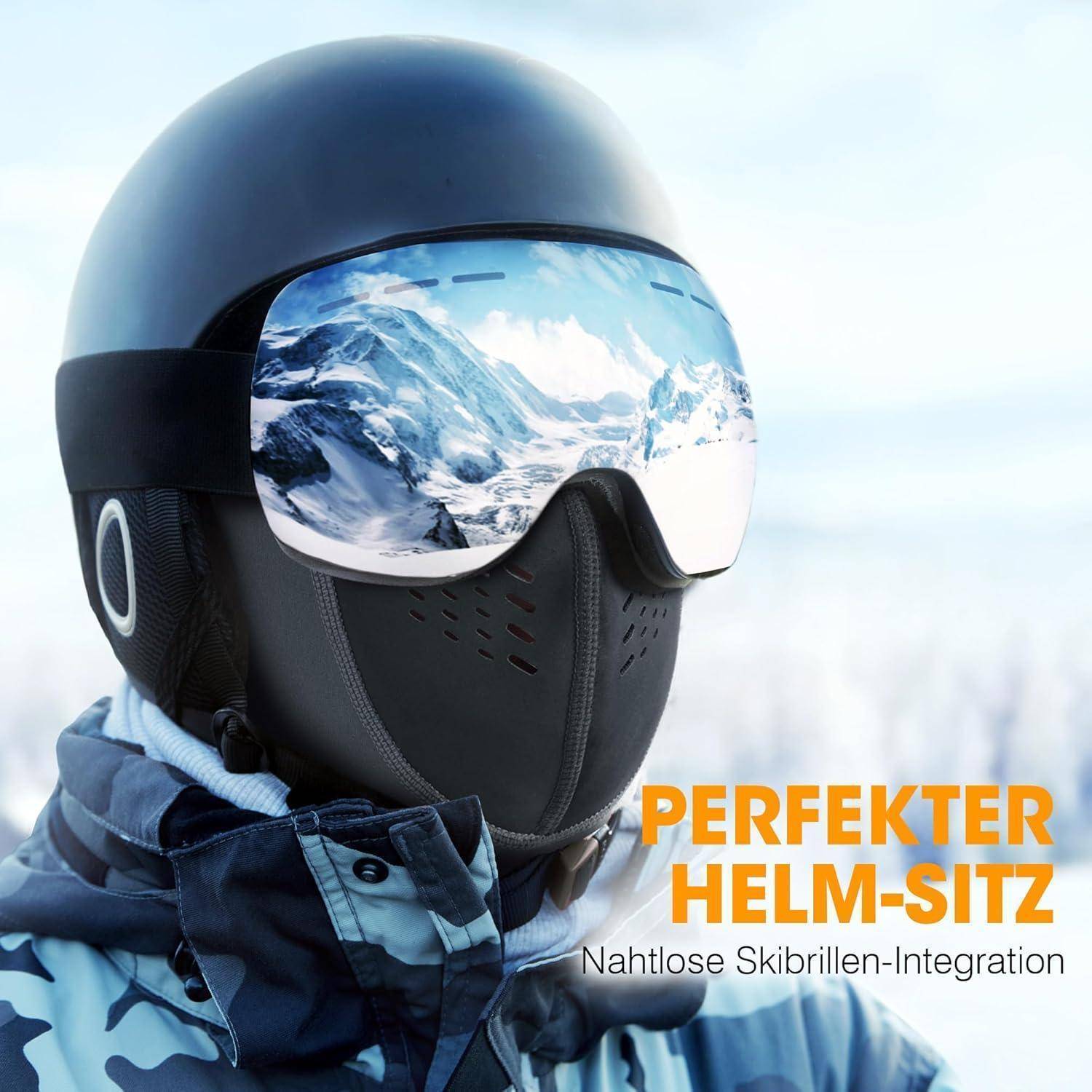 Person in einem Skihelm und einer Maske mit reflektierenden Brillen, mit deutschem Text 