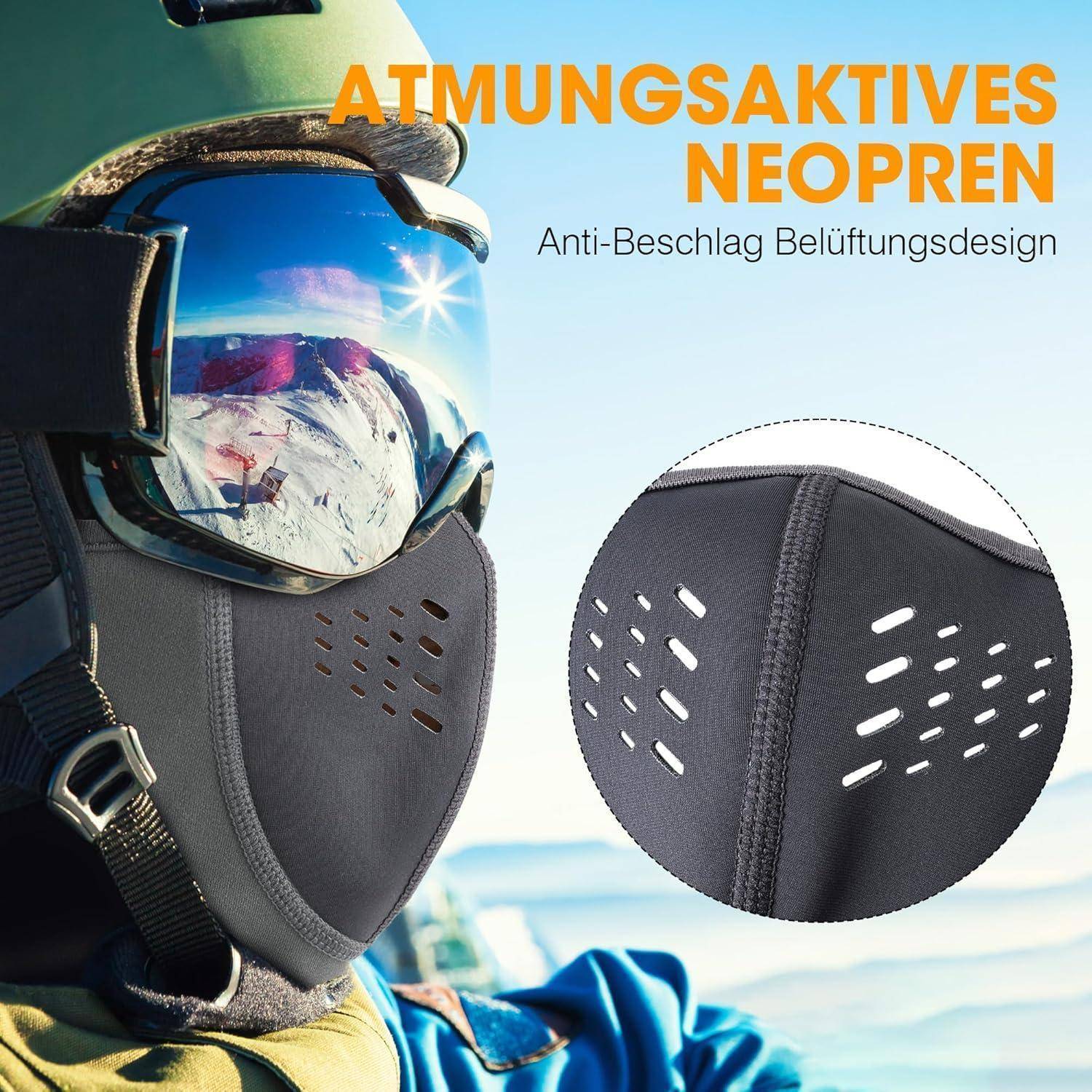 Skifahrer, der eine schwarze belüftete Neopren-Gesichtsmaske und Schutzbrille trägt; die Vergrößerung zeigt Anti-Beschlag-Belüftungslöcher. Deutscher Text liest „ATMUNGSAKTIVES NEOPREN