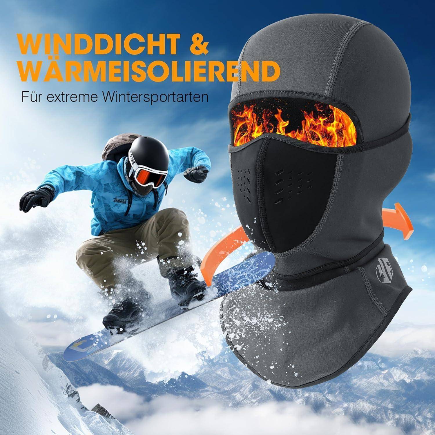 Promocd für eine winddichte, wärmeisolierende Winter-Sturmhaube für Wintersport, dargestellt mit Flammen im Augenbereich und einem Snowboarder in schneebedeckten Bergen; deutscher Text sagt 'WINDDICHT & WÄRMEISOLIEREND' und 'Für extreme Wintersportarten