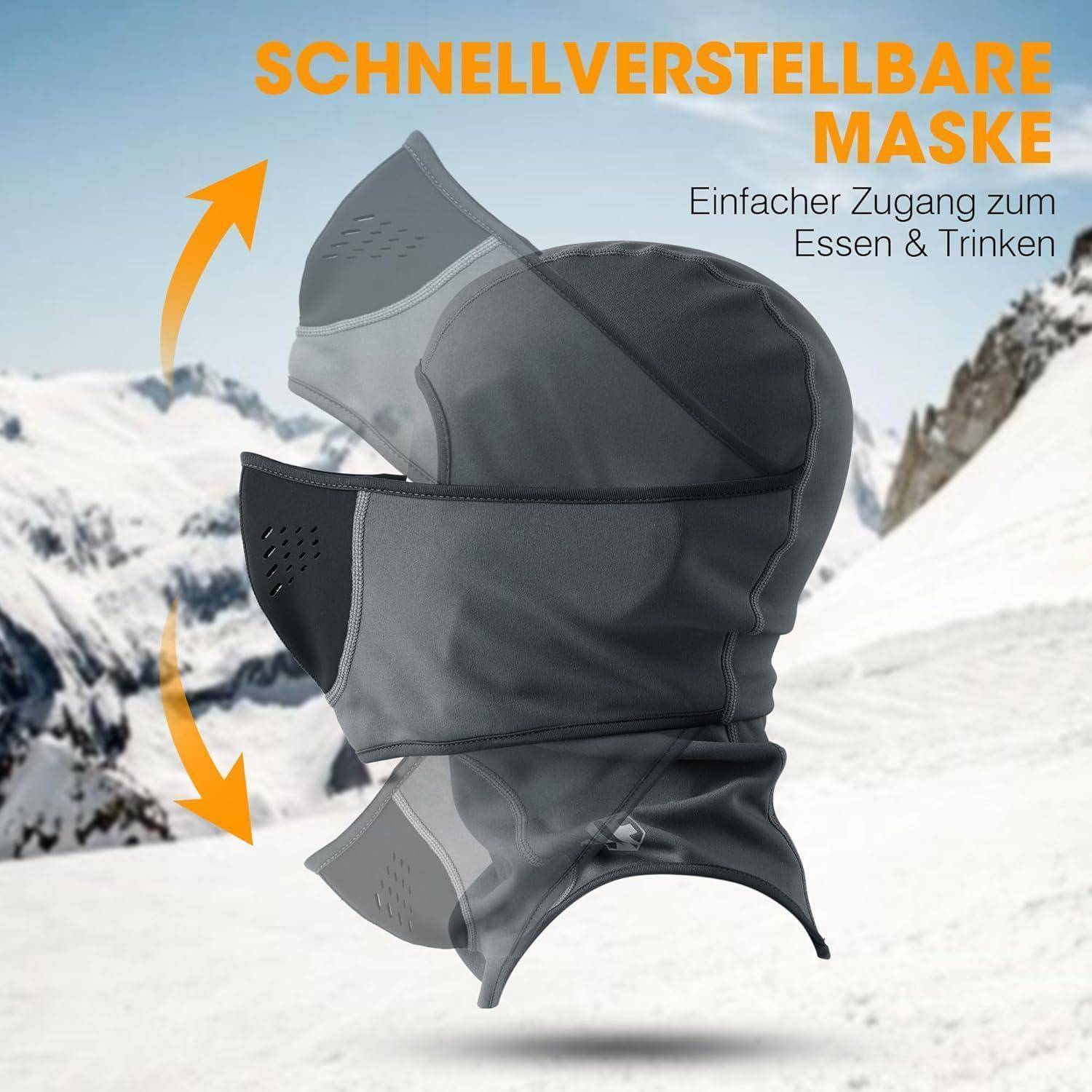 Graue schnellverstellbare Gesichtsmaske, die in drei Positionen mit Pfeilen gezeigt wird; der Text lautet 