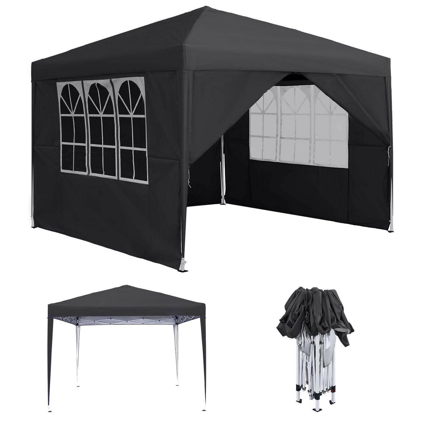 Schwarzes Pop-Up-Baldachindach mit gewölbten Fensterblenden, geöffnet dargestellt, plus eine zweite offene Rahmenansicht und gefaltetes Tragetasche-Setup darunter.