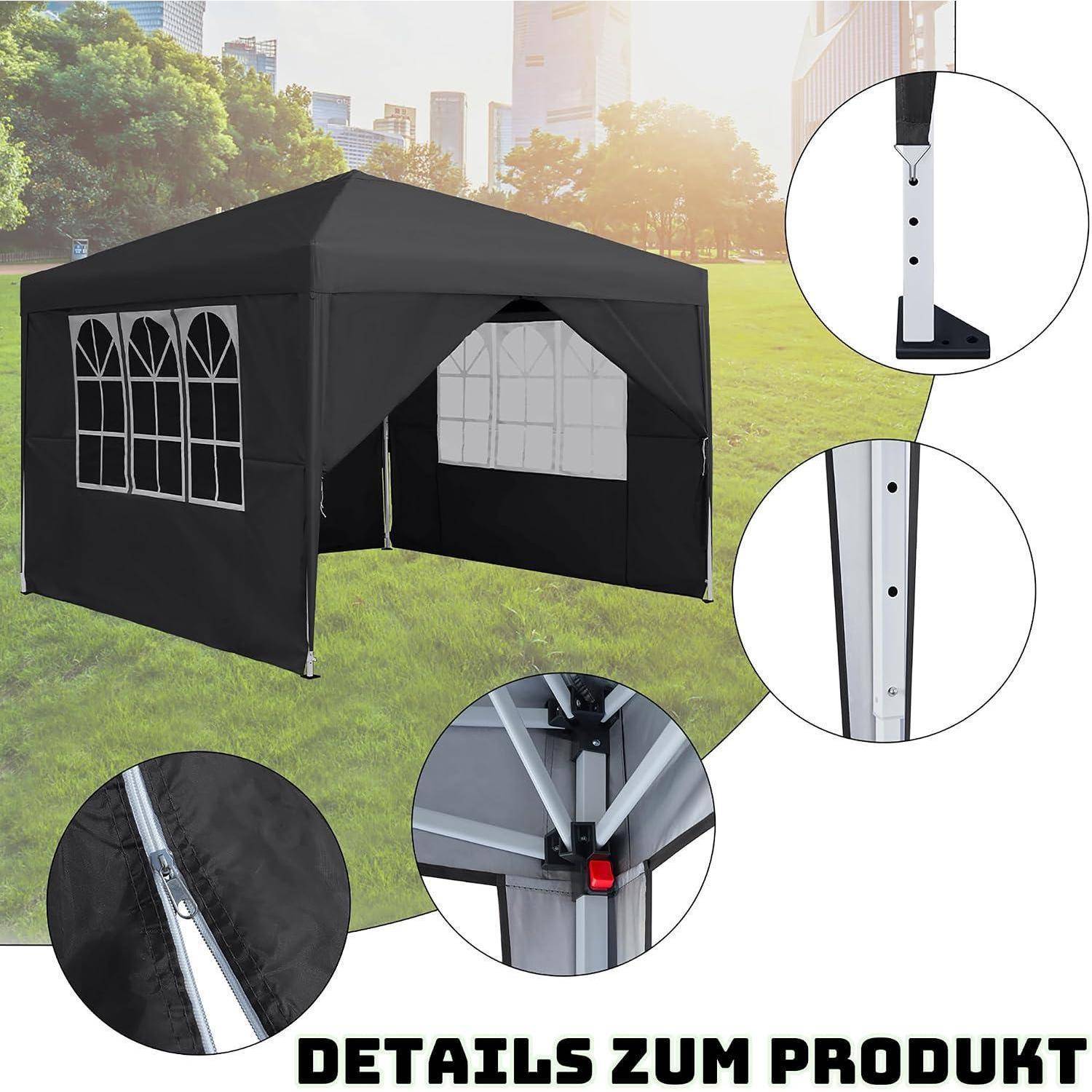 Schwarzes Pop-Up-Baldachindach mit gewölbten Fensterblenden und offener Vorderseite, gezeigt auf Gras mit Nahaufnahmen von Rahmenverbindern und Beinen.