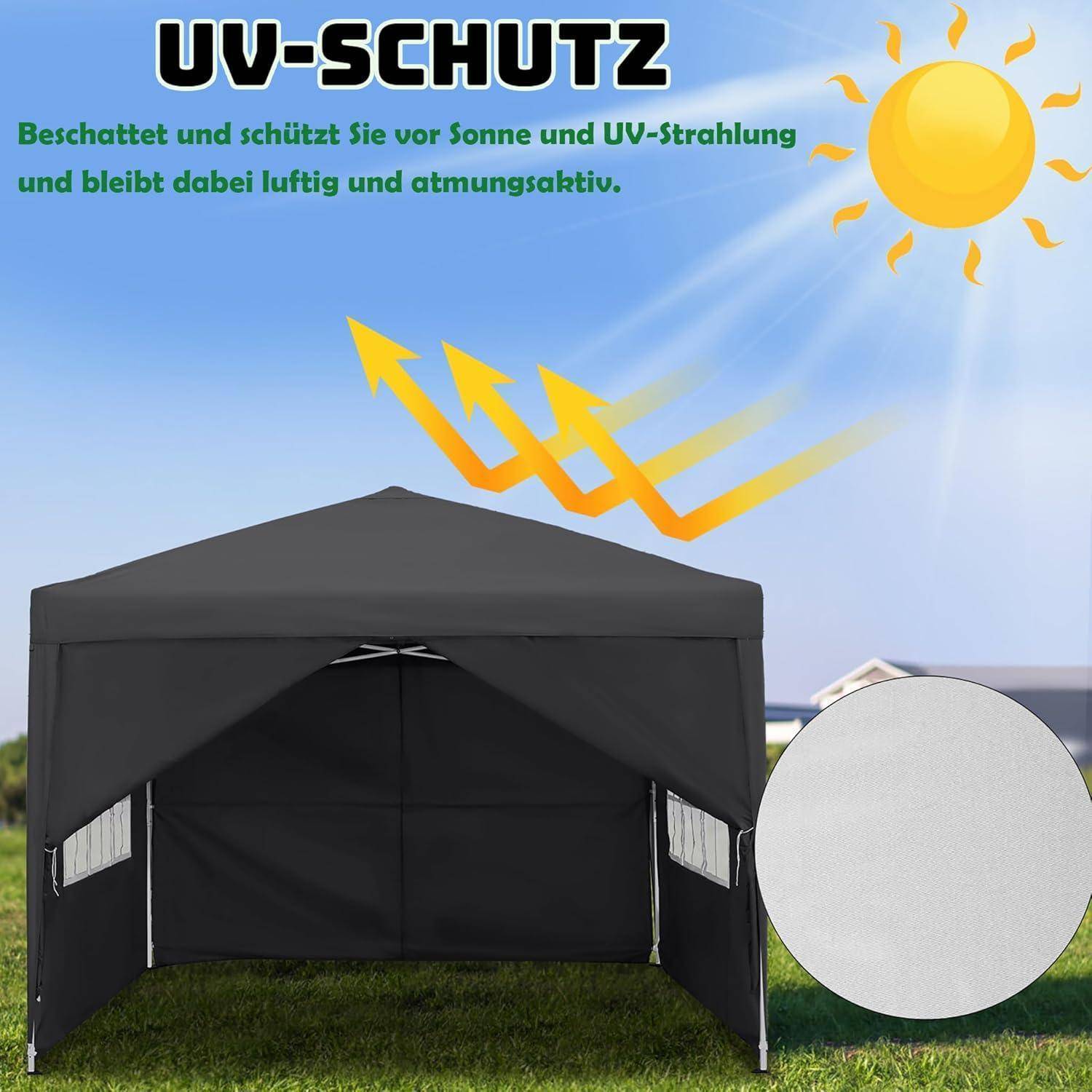 Werbegrafikfür ein schwarzes Pop-up-Zelt mit der Aufschrift "UV-SCHUTZ"", das zeigt, wie das Zelt Sonnenlicht und UV-Strahlen blockiert und dabei luftig bleibt; Sonne und UV-Pfeile über dem Zelt.