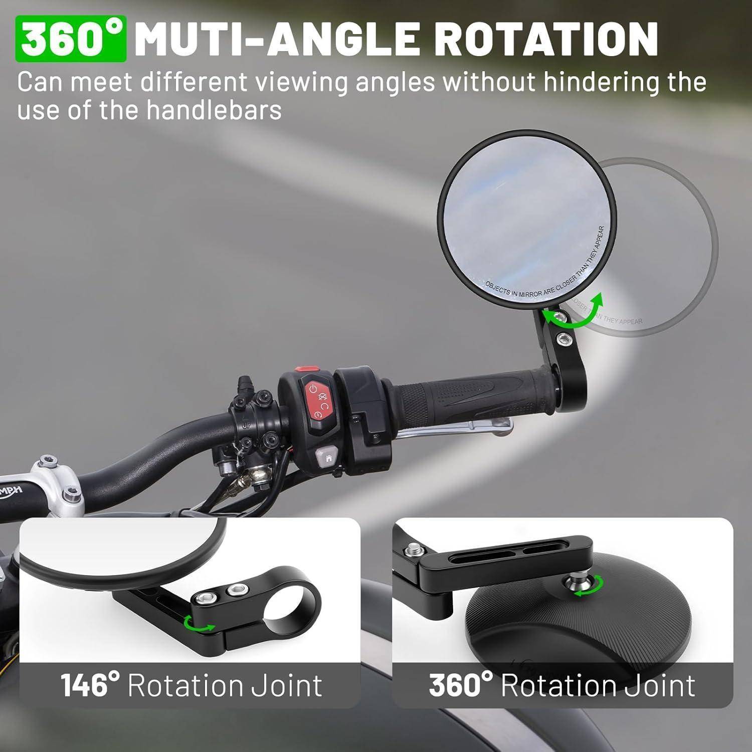 Werbebild eines Fahrrückspiegels mit 360°-Mehrwinkel-Rotation und 146°-Gelenkrotation an Lenkerstangen, mit detaillierten Funktionshervorhebungen.
