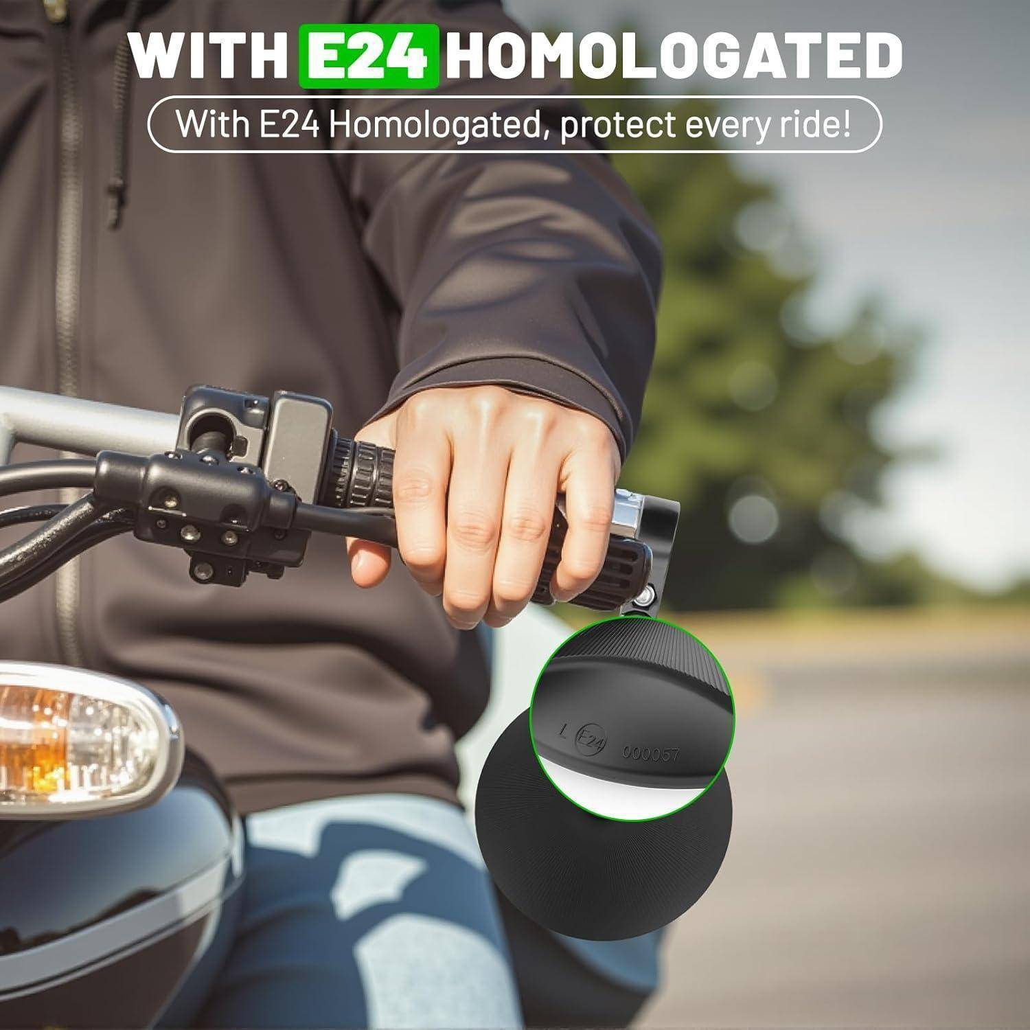 Motorradfahrer, der den Lenker greift, mit Text, der „E24-homologiert