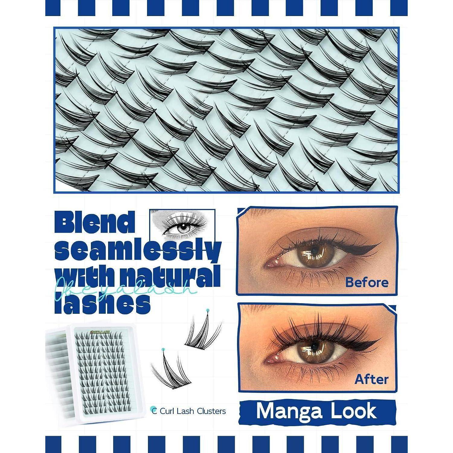 Werbegrafik für Curl Lash Clusters mit vielen falschen Wimpernfächern, eine Vorher-Nachher-Nahaufnahme des Auges und dem Text „Nahtlos mit natürlichen Wimpern verschmelzen