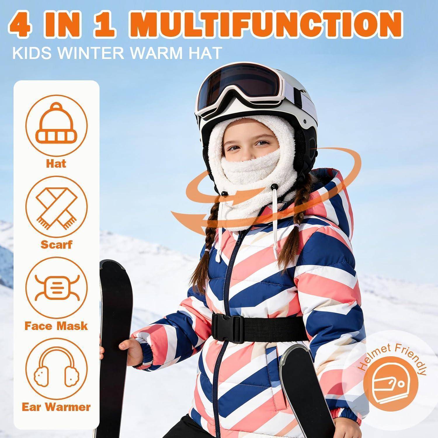 Werbebild eines Kindes mit Skihelm, das eine 4-in-1-Winterwärmemütze trägt, die als Mütze, Schal, Gesichtsmaske und Ohrenwärmer fungiert.