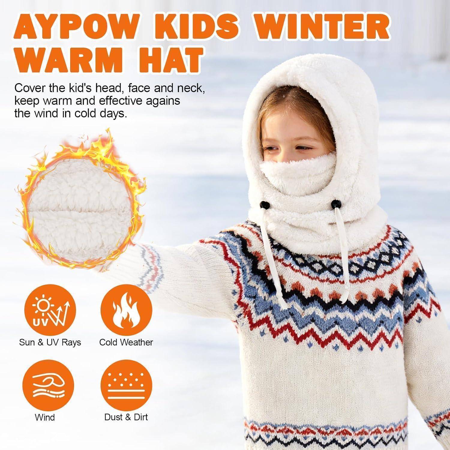 Anzeige für „APYOW KIDS WINTER WARM HAT" mit einem Kind, das eine weiße Fleece-Haube und Gesichtsbedeckung trägt, wobei die Wärmeschutz gegen Wind, Kälte, Sonne/UV-Strahlen, Staub und Schmutz hervorgehoben wird.