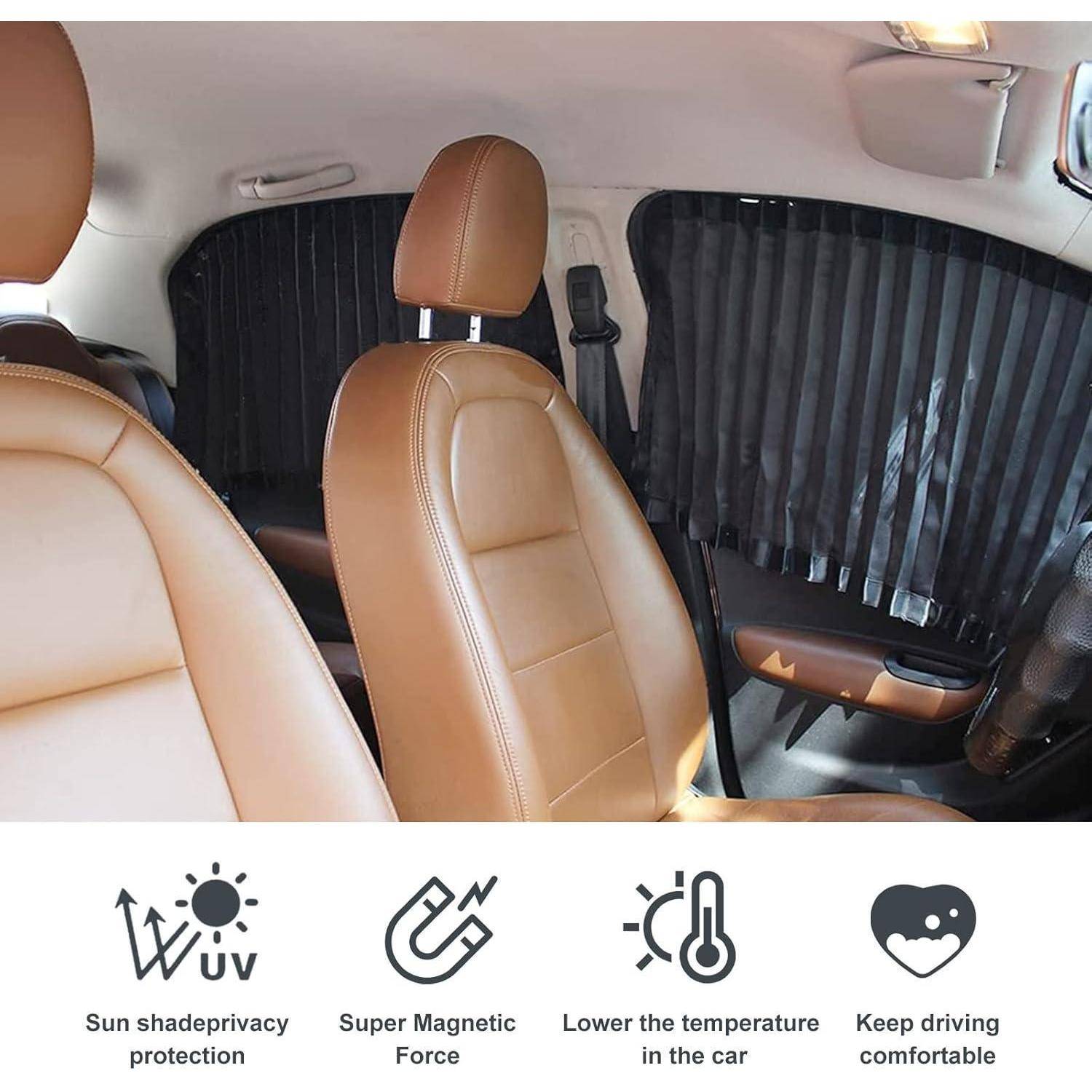 Autoinnenraum mit beigefarbenen Sitzen und schwarzen Fensterblenden, die zur Wahrung der Privatsphäre, zum UV-Schutz, zur Kühlung und für sichereres Fahren angebracht sind.
