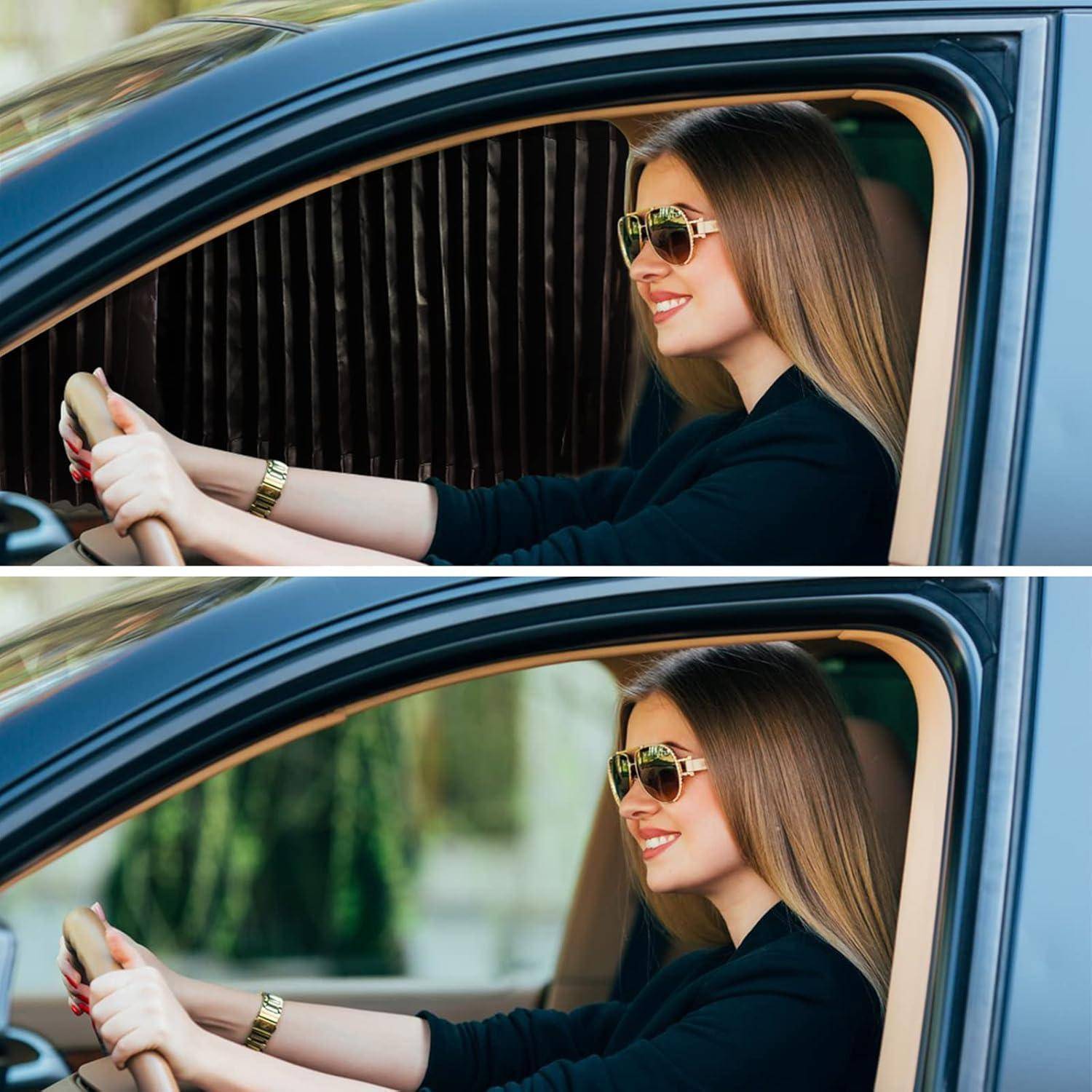 Zwei nebeneinander angeordnete Fotos einer lächelnden Frau, die eine Sonnenbrille trägt und ein Auto fährt, im Profil durch das offene Fenster fotografiert.