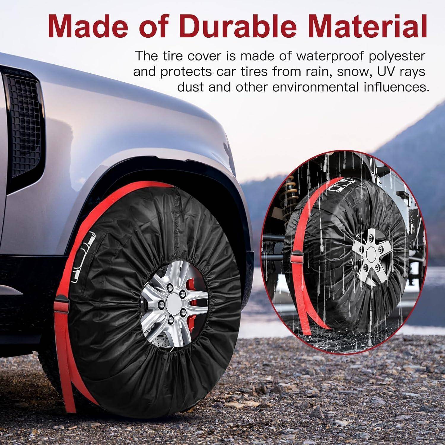 Anzeige für eine Autoreifen-Abdeckung aus wasserdichtem Polyester, die Reifen vor Regen, Schnee, UV-Strahlen, Staub und anderen Umwelteinflüssen schützt.