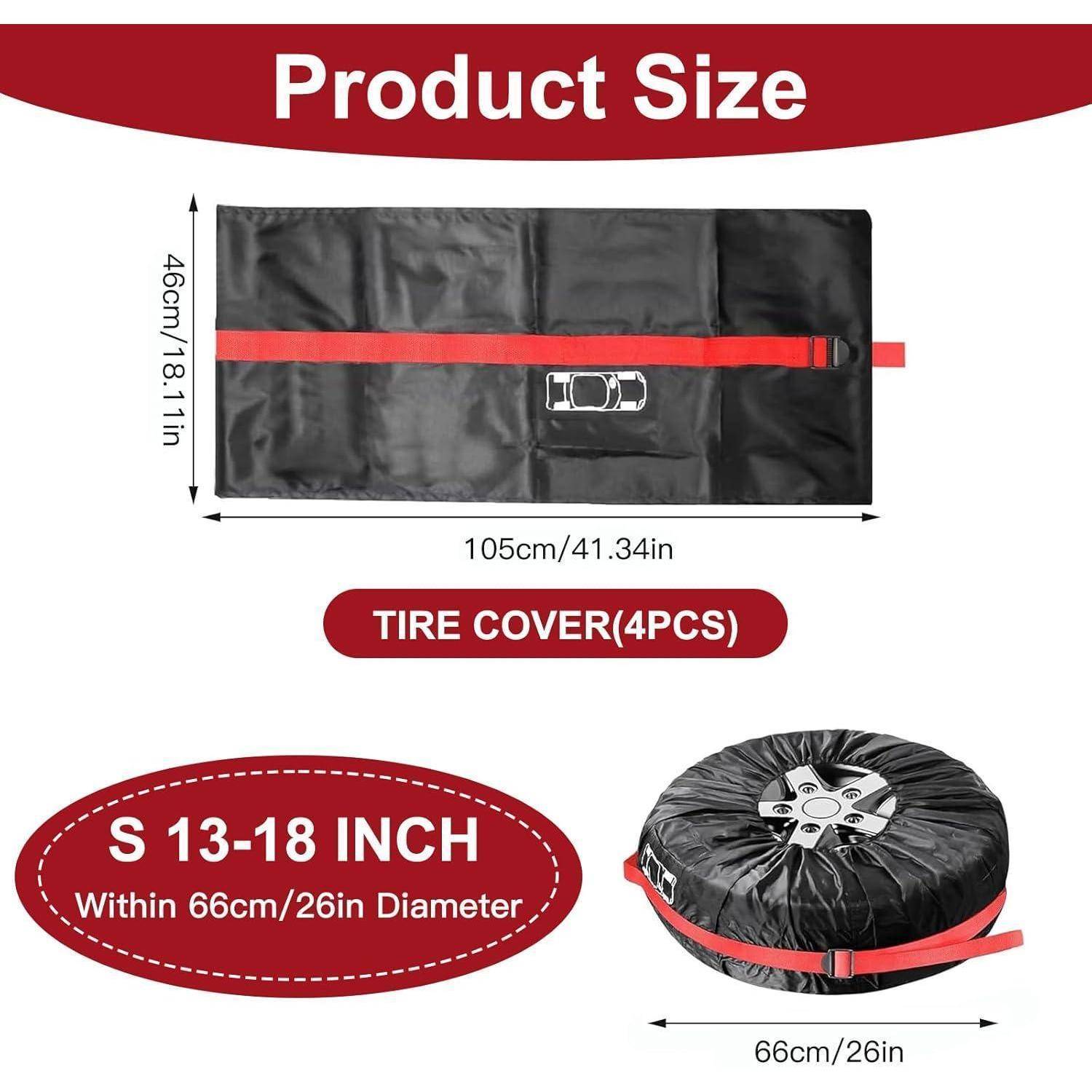 Größentabelle für Reifenabdeckungen: Abdeckung misst 105 cm x 46 cm, passt auf 13-18 Zoll Reifen mit 66 cm Durchmesser, als 4er-Set erhältlich.