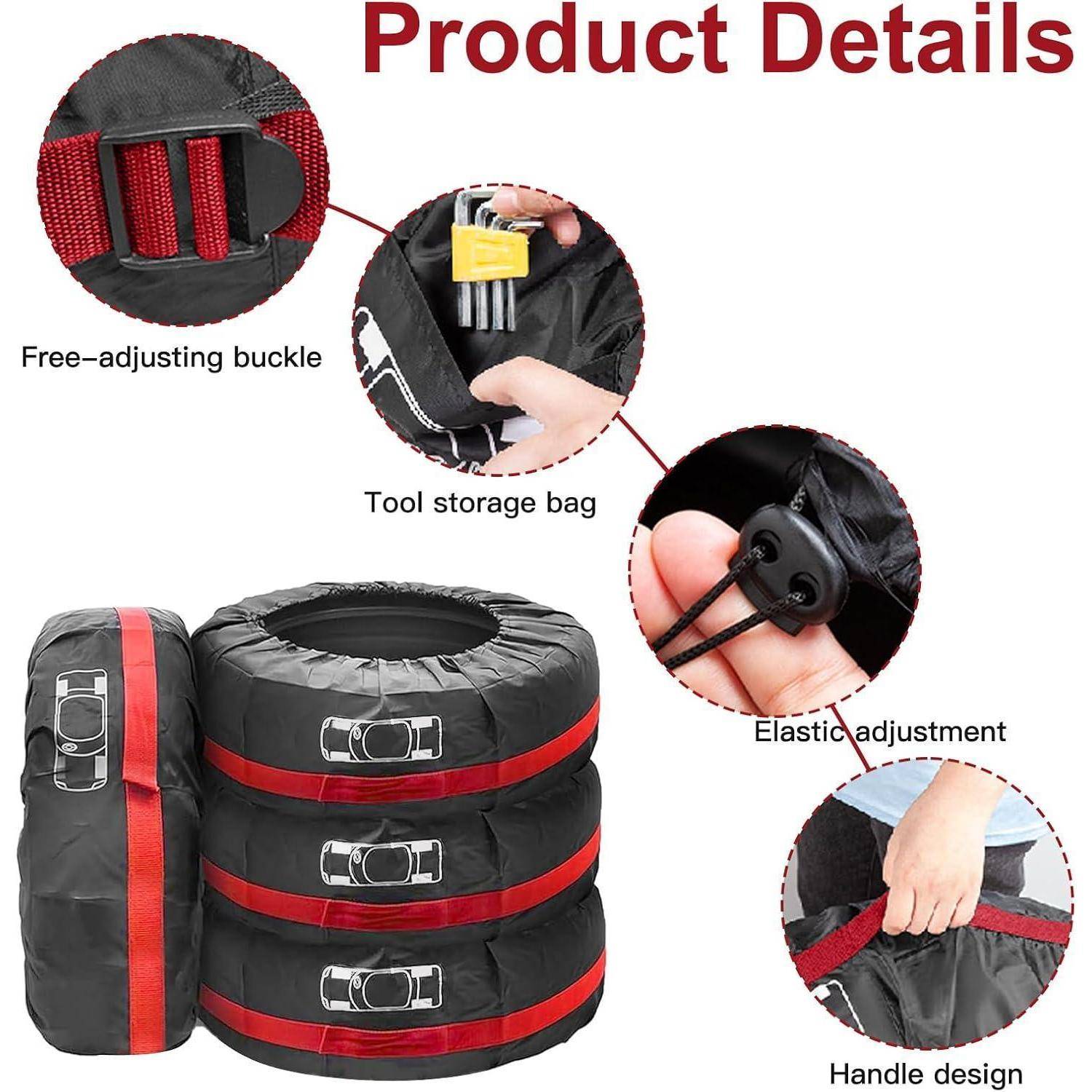 Produktdetails einer schwarzen faltbaren Reifenlagerungstasche mit roten Riemen, die eine frei verstellbare Schnalle, eine Werkzeuglagerungstasche, elastische Verstellung und ein Griffdesign zeigen.