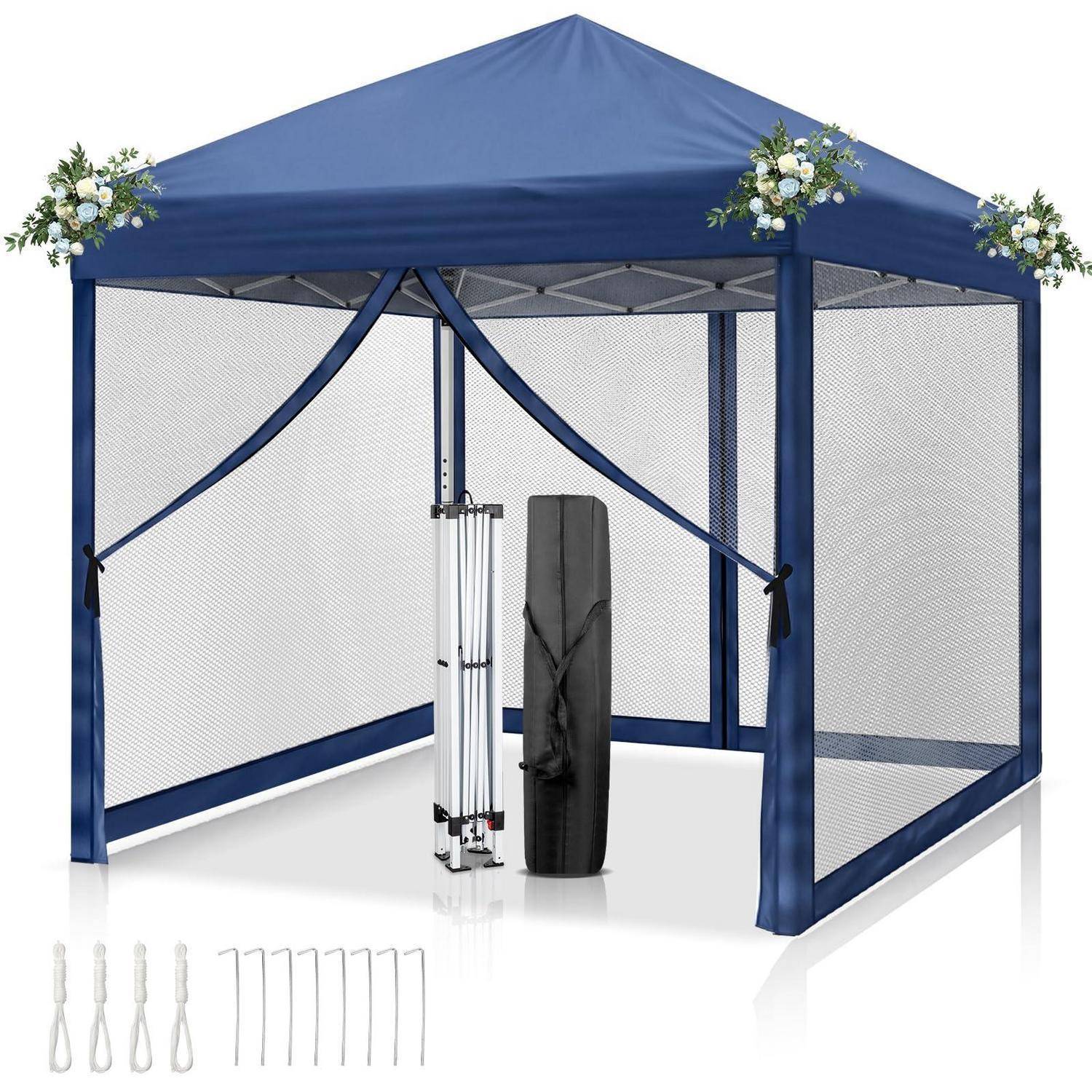 Blaueres Pop-up-Pavillon-Zelt mit Mesh-Seitenwänden, floralen Eckendekorationen und unten dargestelltem zusammengeklapptem Rahmenzubehör.