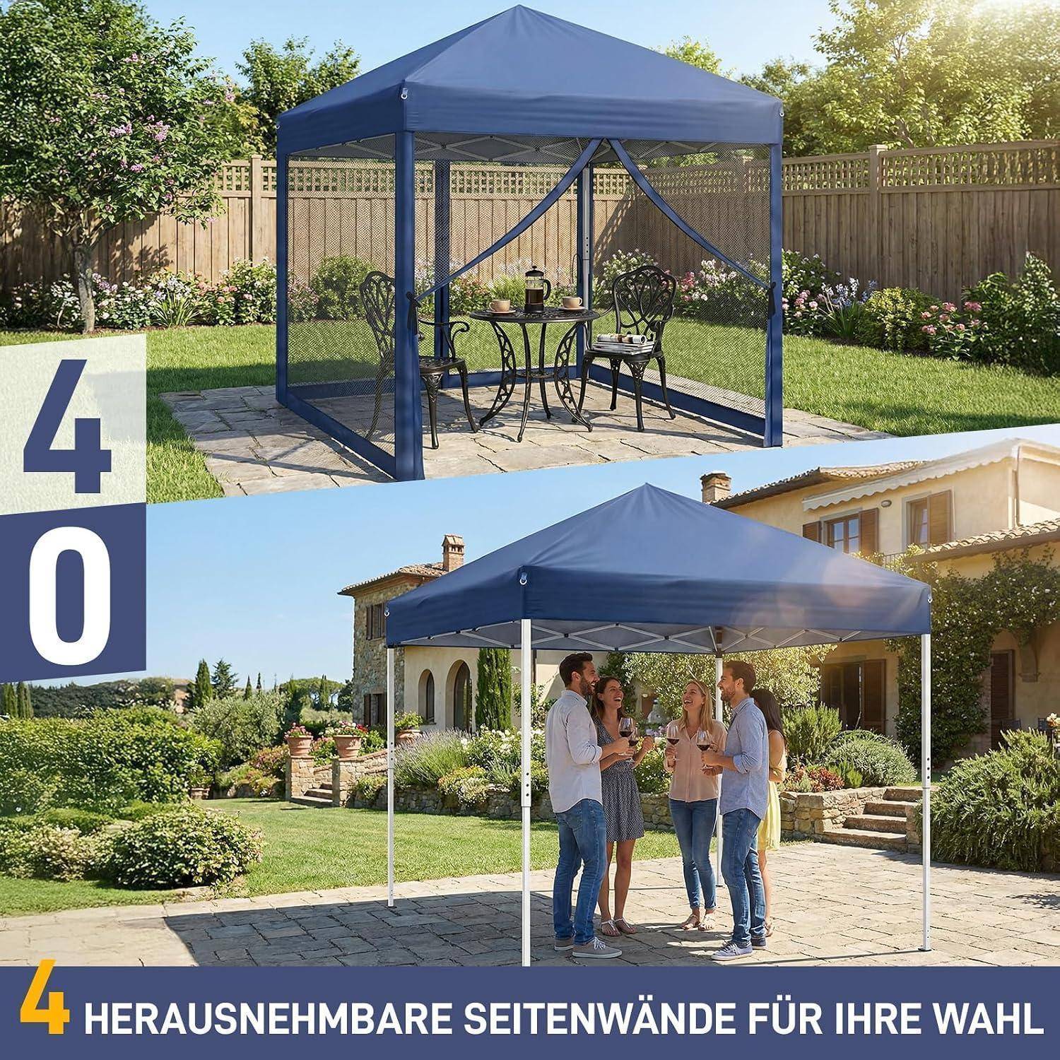 Blauer 4x4 Fuß Pop-up-Pavillon mit abnehmbaren Seitenwänden, der einen Patio-Tisch und Personen bei geselligen Aktivitäten im Hinterhof schützt.