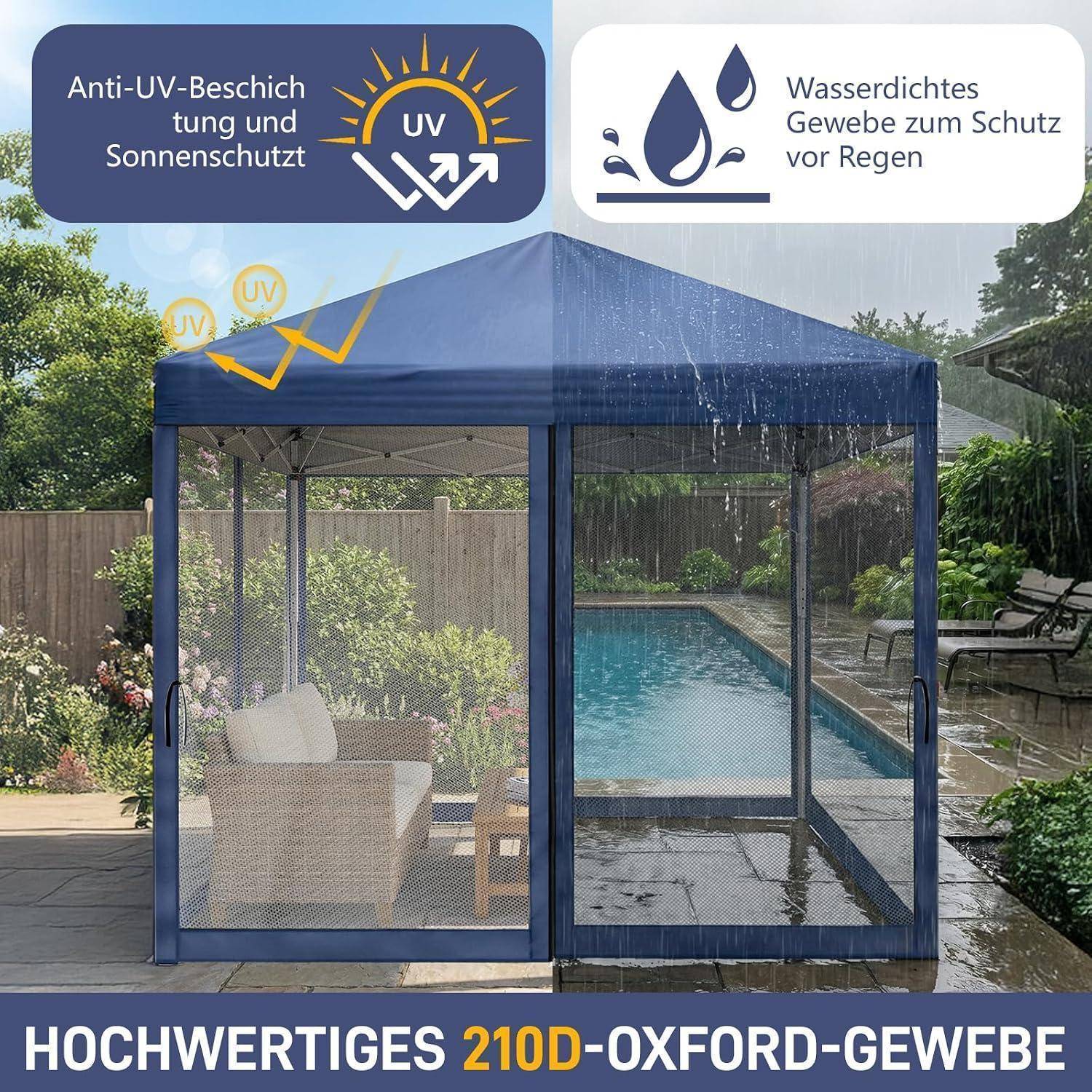 Blauez Pop-up-Pavilion mit Mesh-Seitenwänden neben einem Pool im Regen, mit Text zu UV-Schutz und wasserdichtem Stoff in Deutsch.