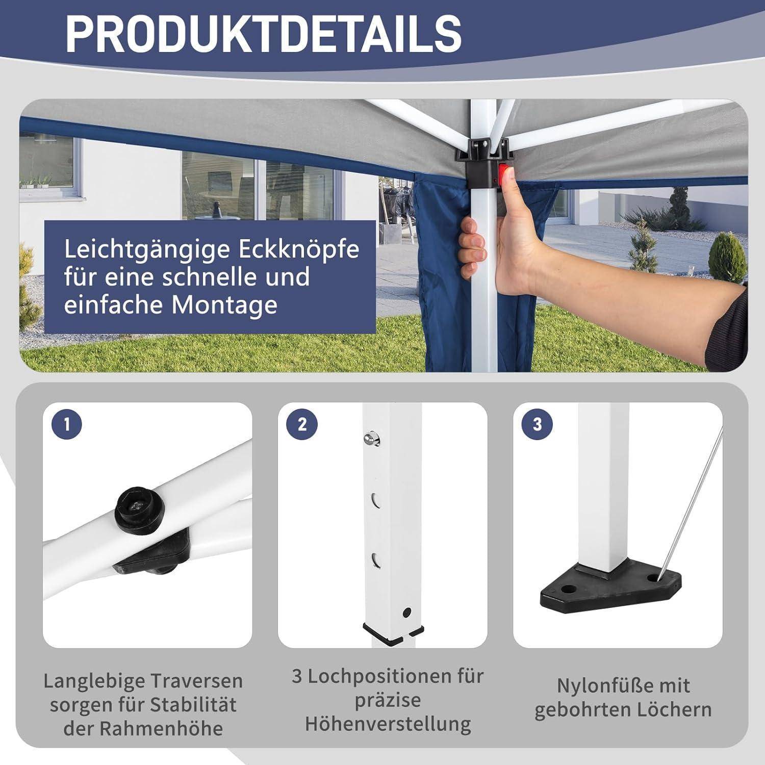 Produktdetailgrafik zeigt ein Pop-up-Pavillon mit schnellverschlussbaren Eckknöpfen für einfachen Aufbau, plus drei Detailaufnahmen von langlebigen Querstreben, 3 Höhenpositionen und Nylonfüßen mit gebohrten Löchern.